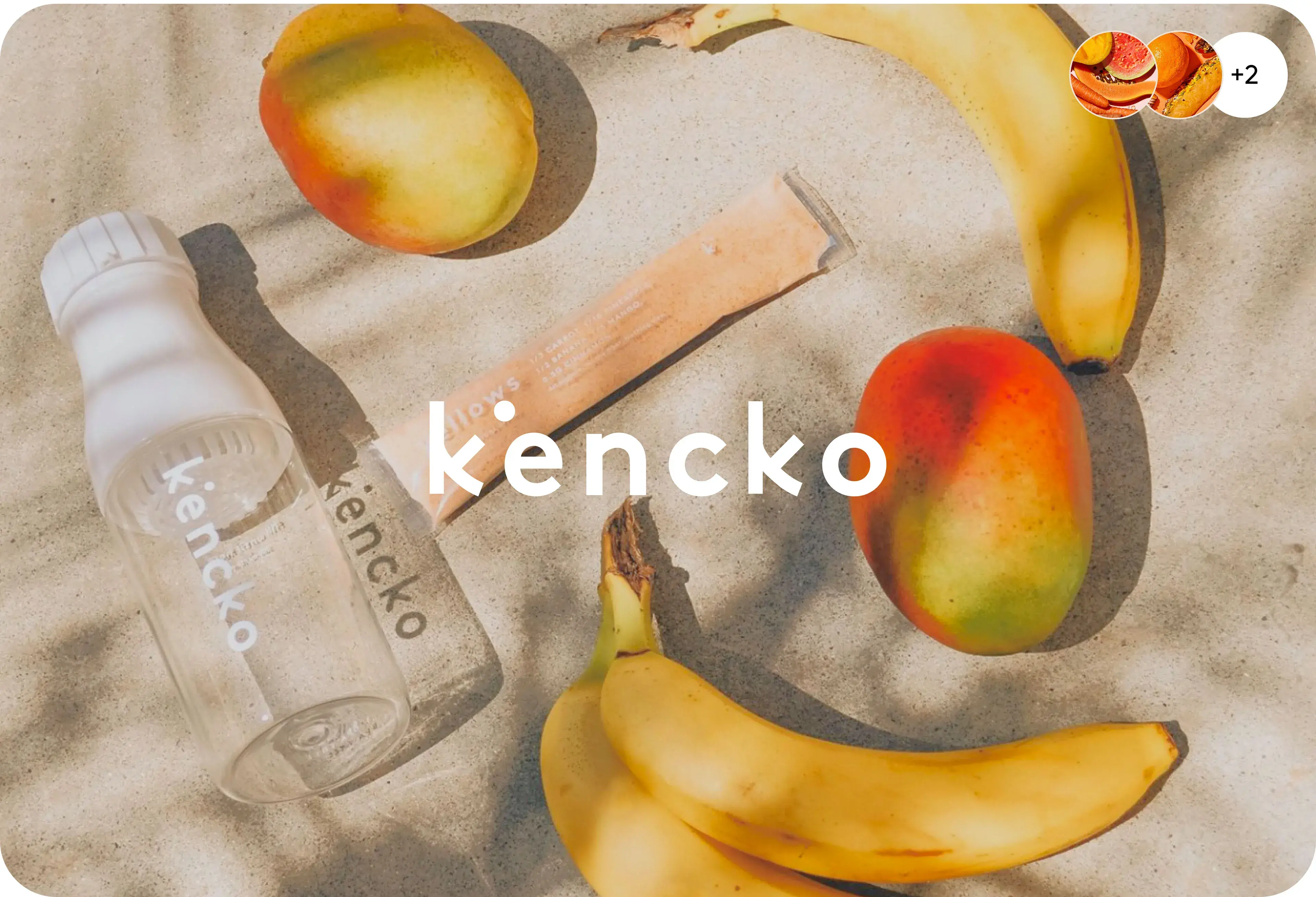 Still life photo of Kencko product ingredients: 1/3 carrot, 1/2 banana, with kencko branding.