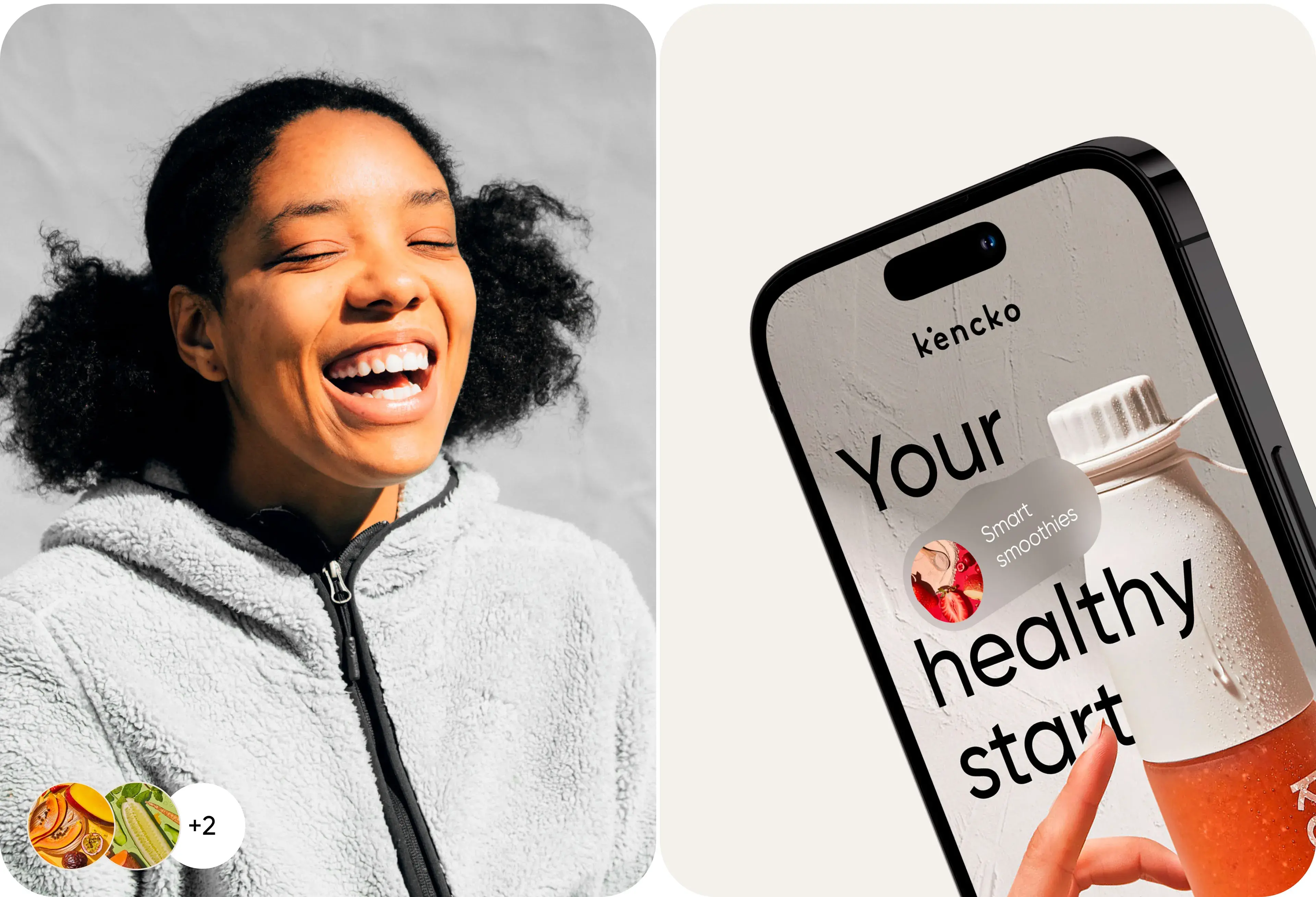 User holds a mobile phone displaying Kencko smoothies branding and text.