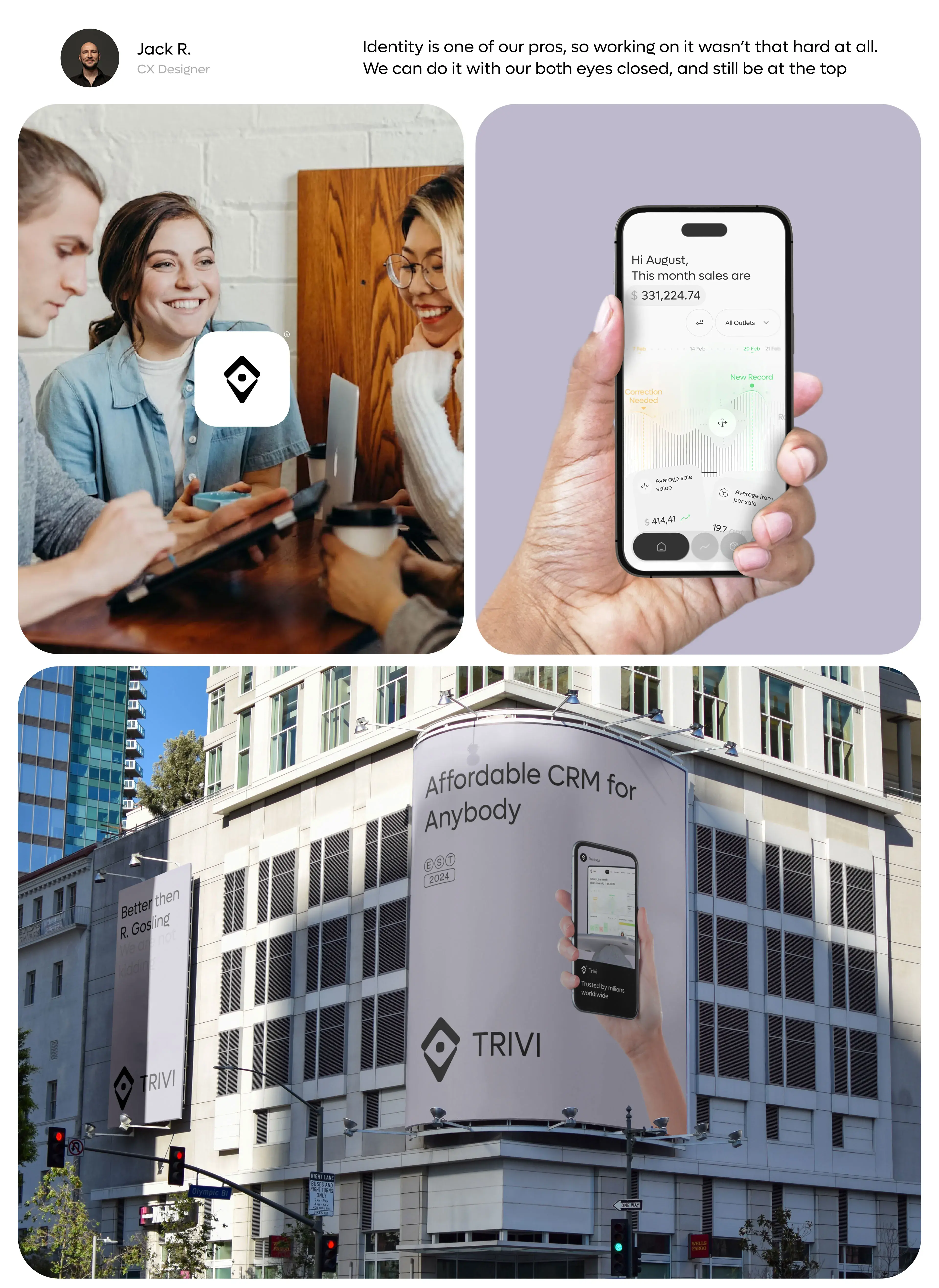 People view a mobile phone displaying a building billboard branding mockup for the CRM software.