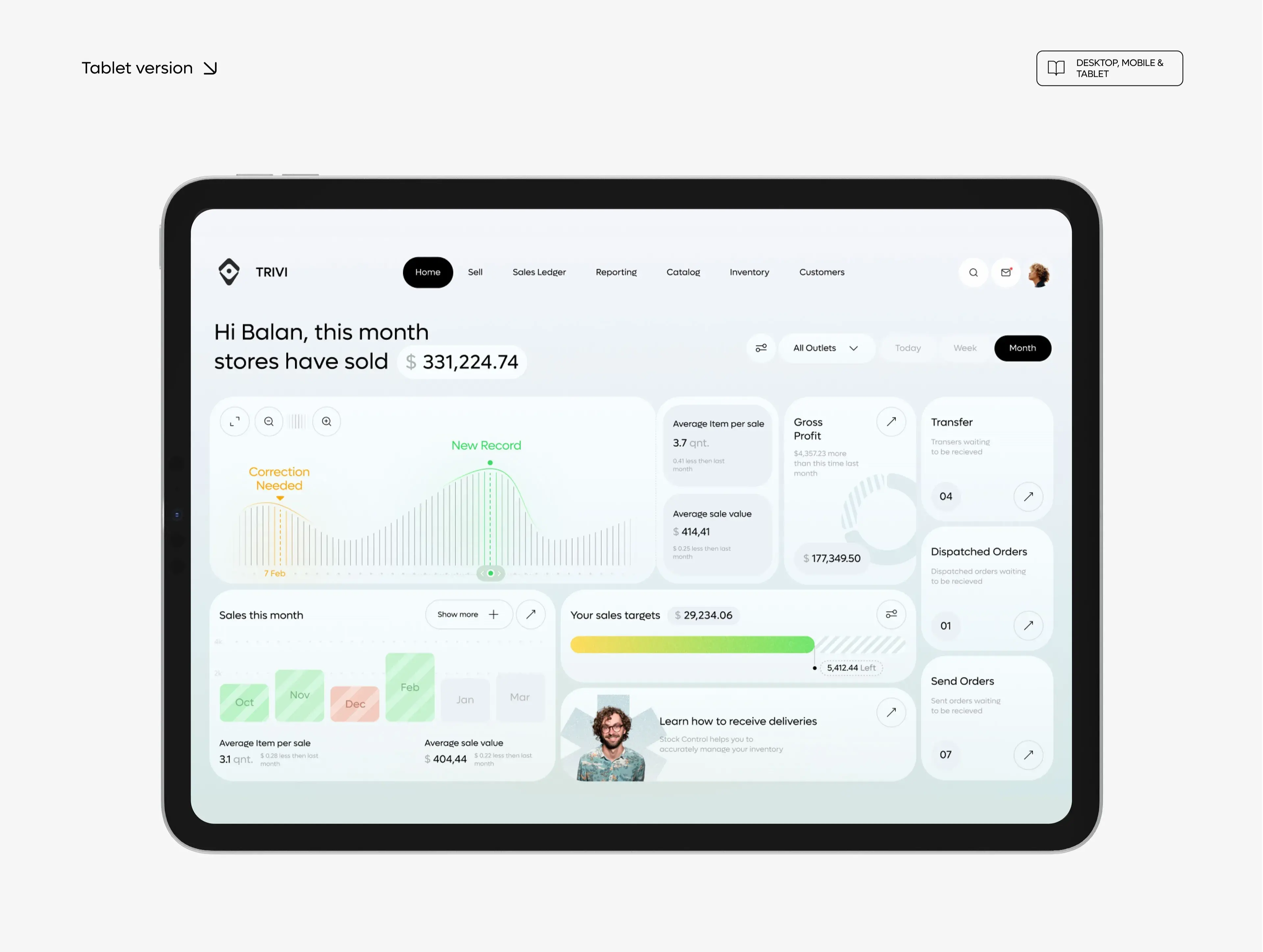 Screenshot of the trivi CRM SaaS web application user interface on a tablet.