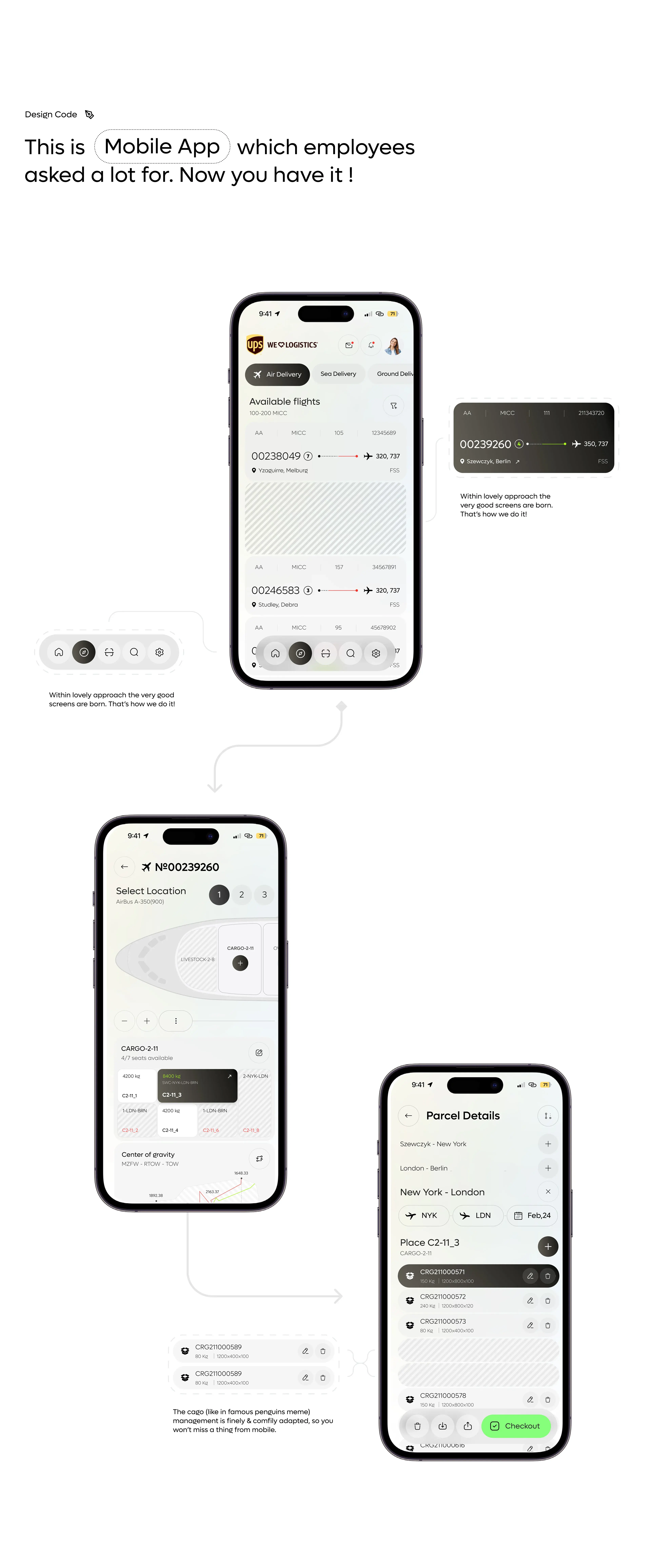 Multiple mobile screenshots showcasing the UPS transport management system's enterprise UX/UI design.