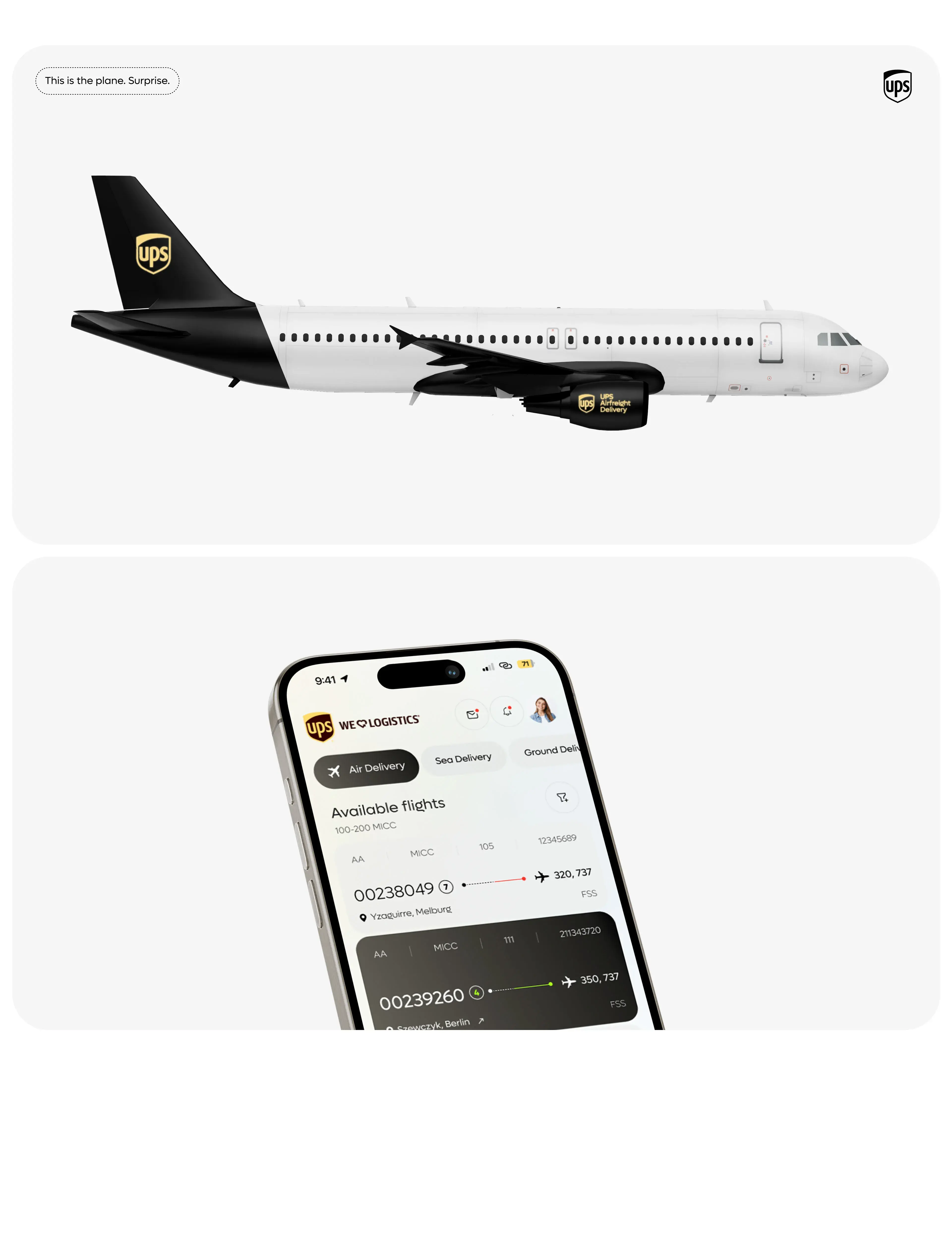 Screenshot of a mobile app interface for enterprise transportation management, with an airplane visible.