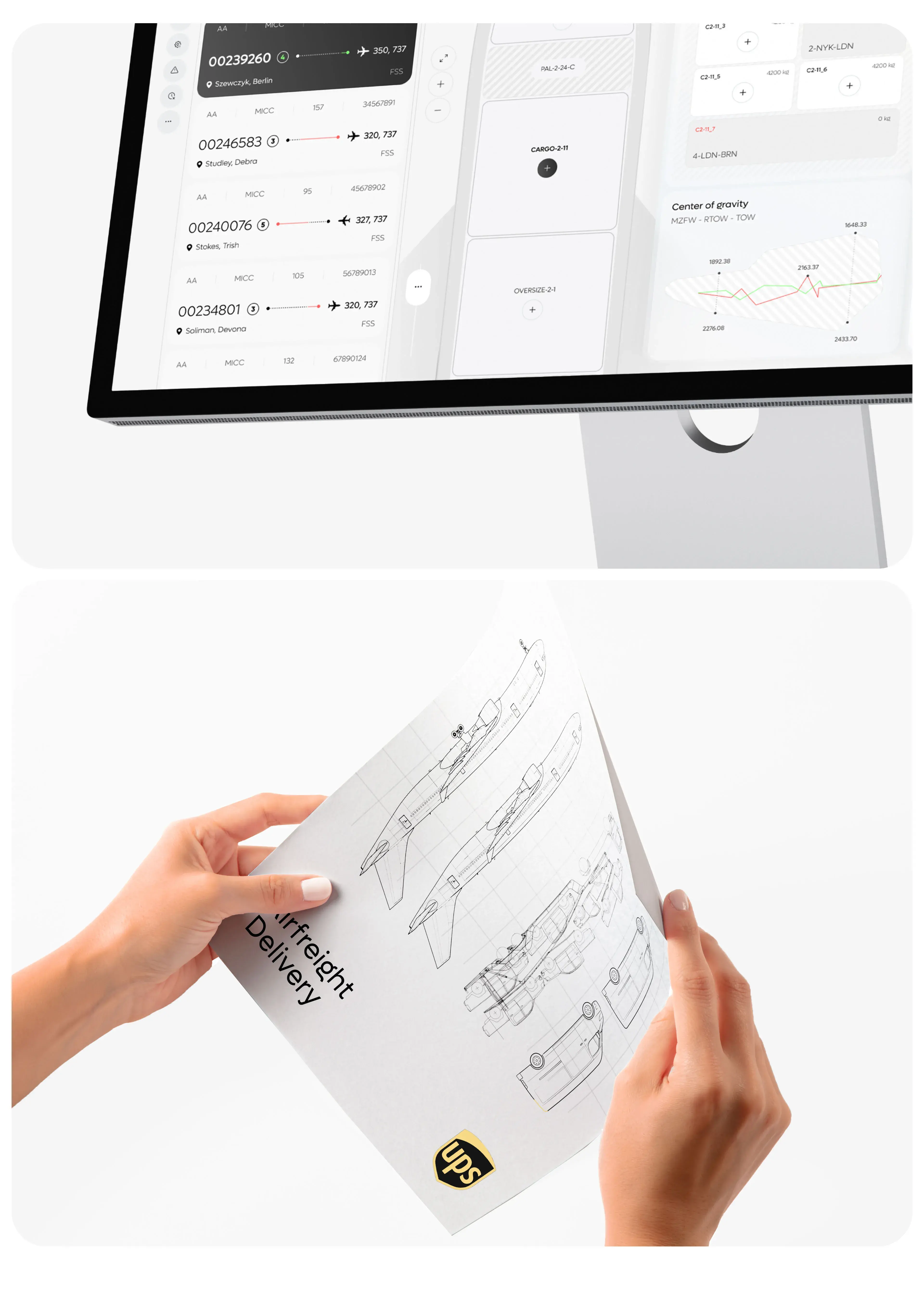 UX/UI interface screenshot on a tablet, displaying data or documents for a transport management system.