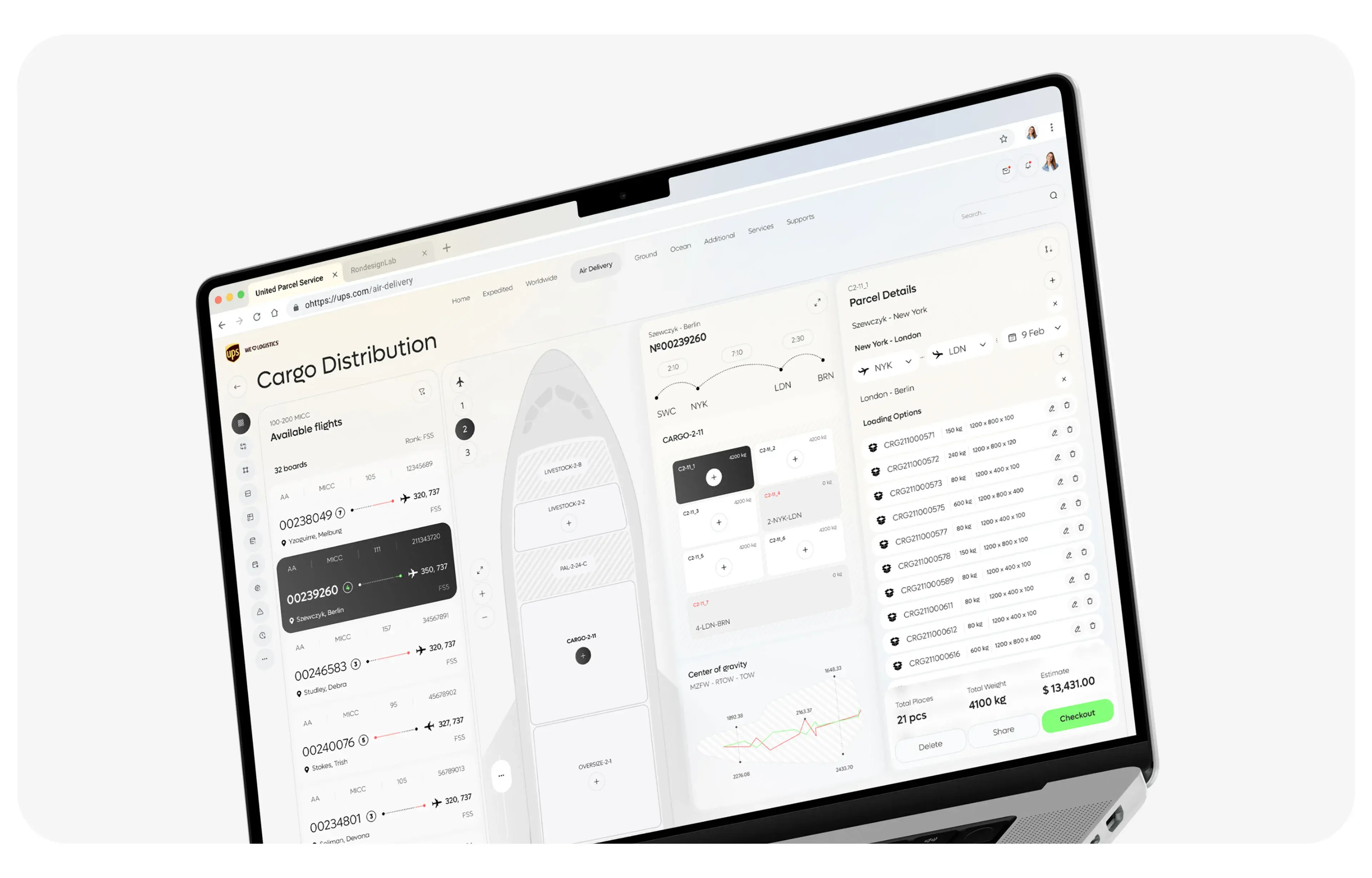 Screenshot of the UX/UI design for the UPS Transport Management System web application.