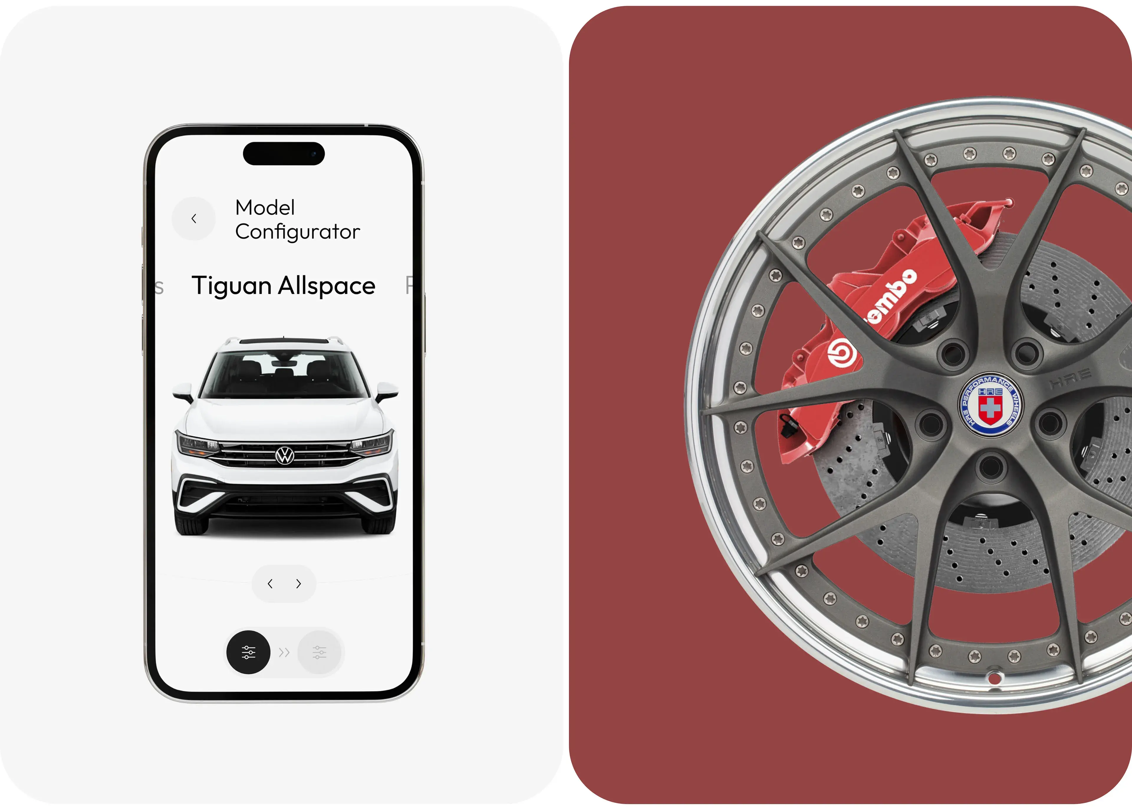 Volkswagen Tiguan Allspace mobile configurator app showing car customization options.