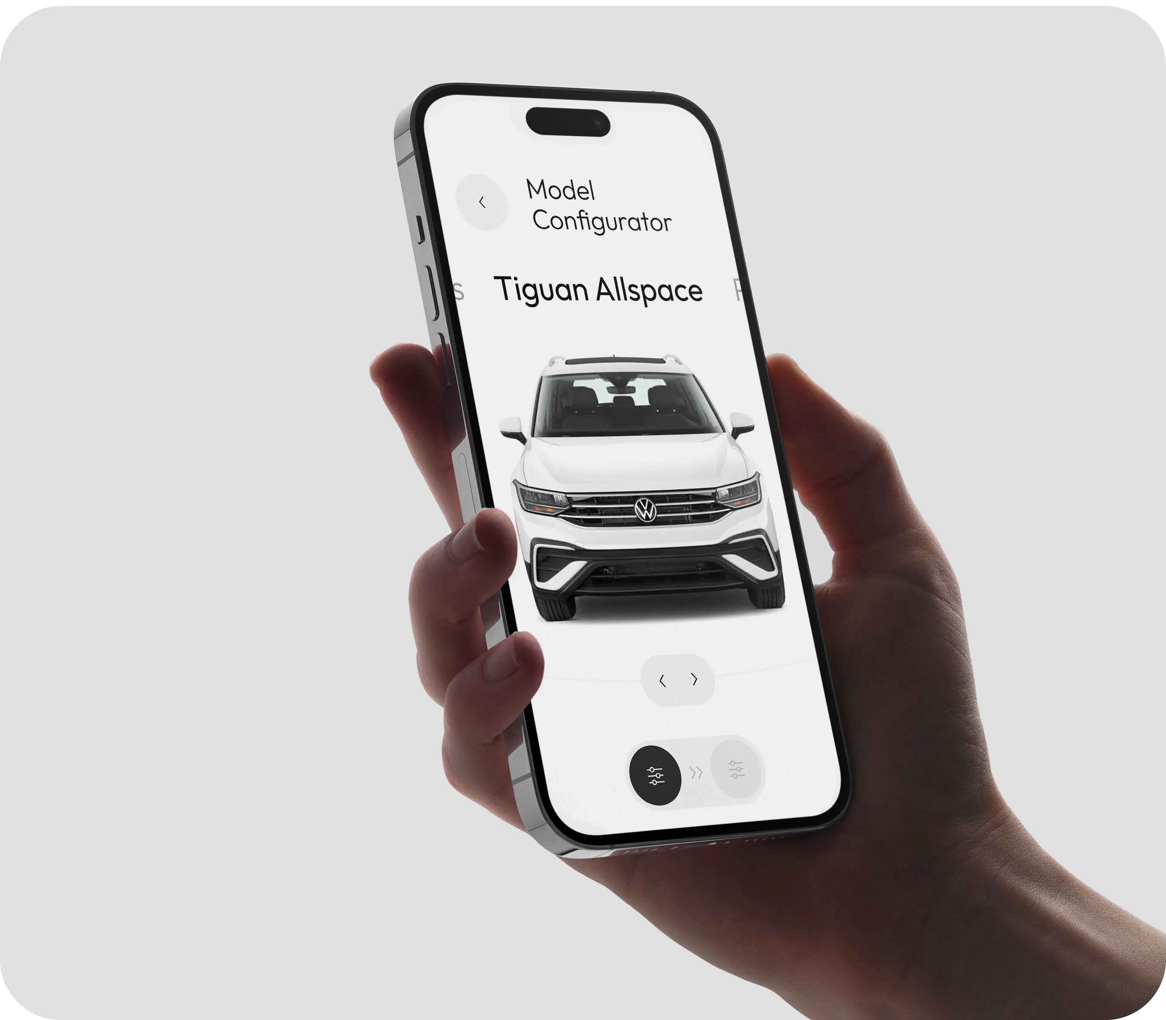 Volkswagen Model Configurator mobile app interface showing the Tiguan Allspace model.