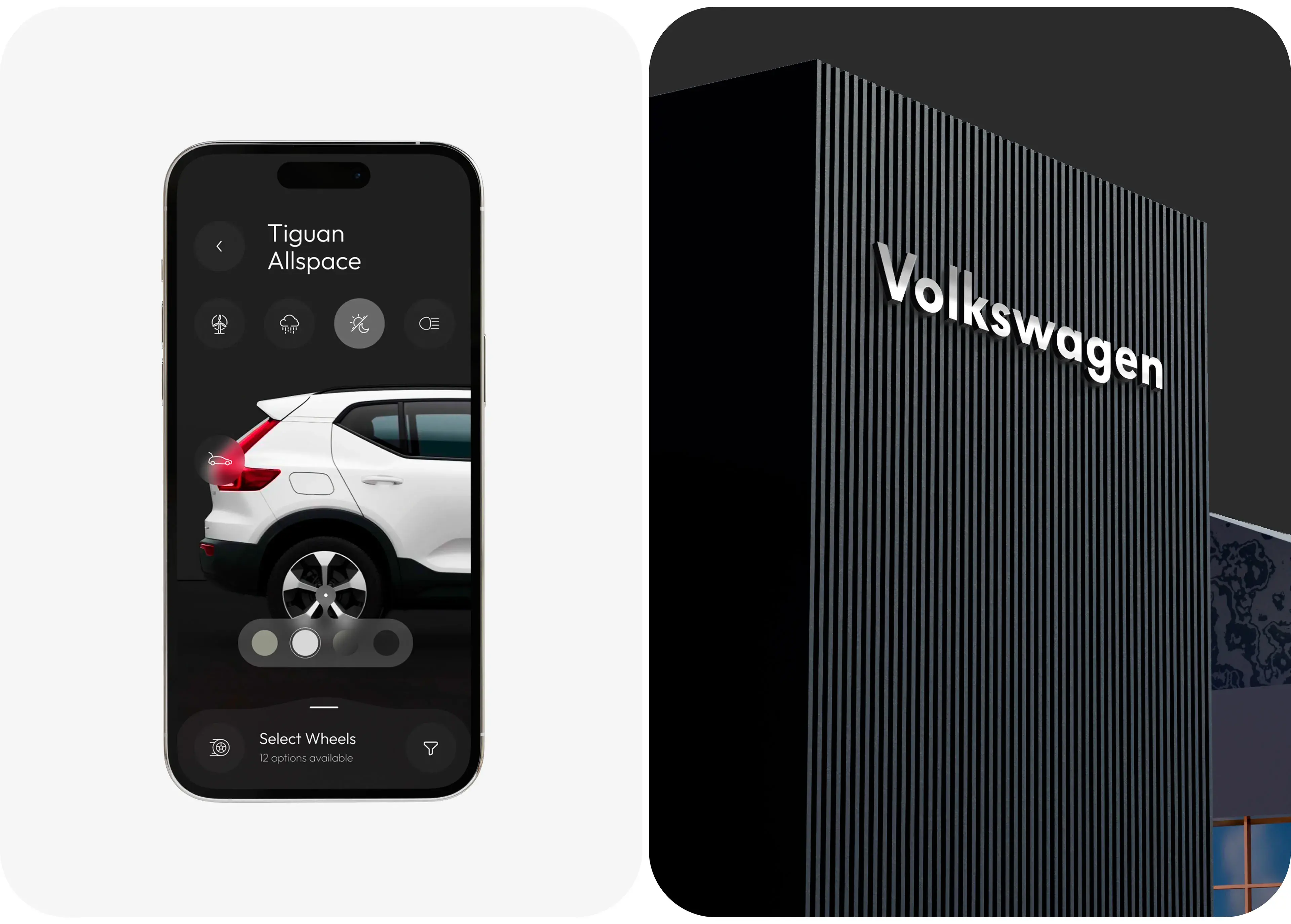 Volkswagen mobile configurator app UI, showing Tiguan Allspace wheel selection.