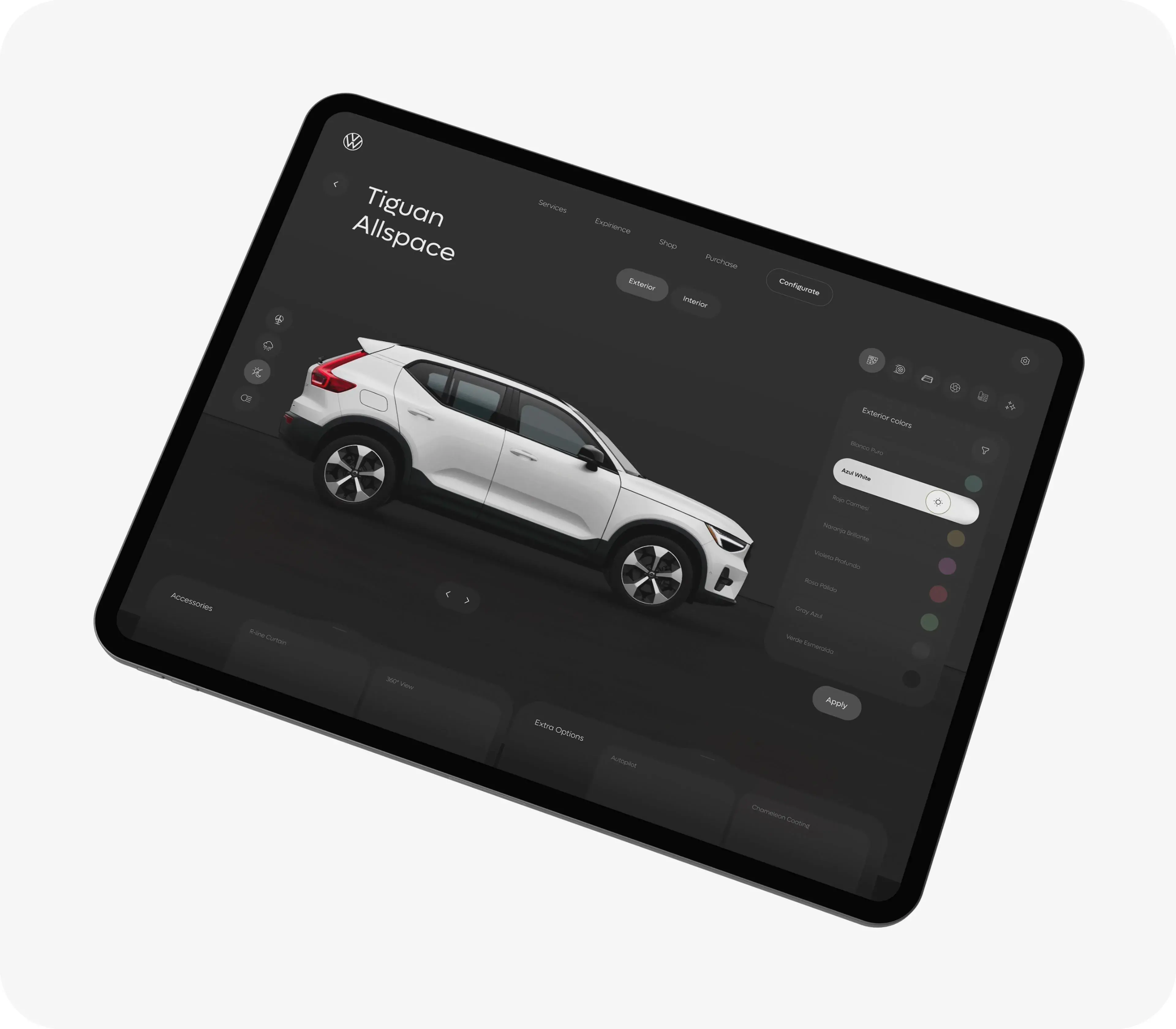 Volkswagen car configurator mobile app UI on a tablet next to a Volkswagen SUV.