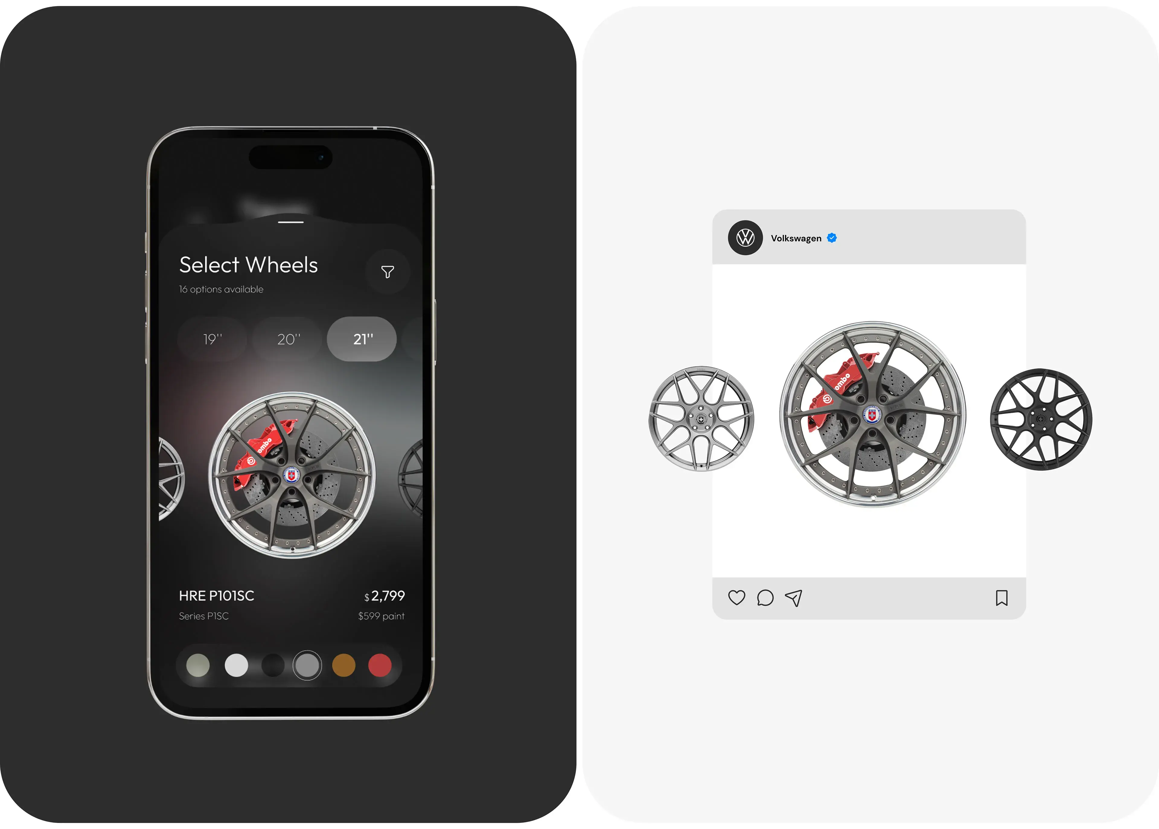 Volkswagen mobile configurator app interface for selecting wheels.