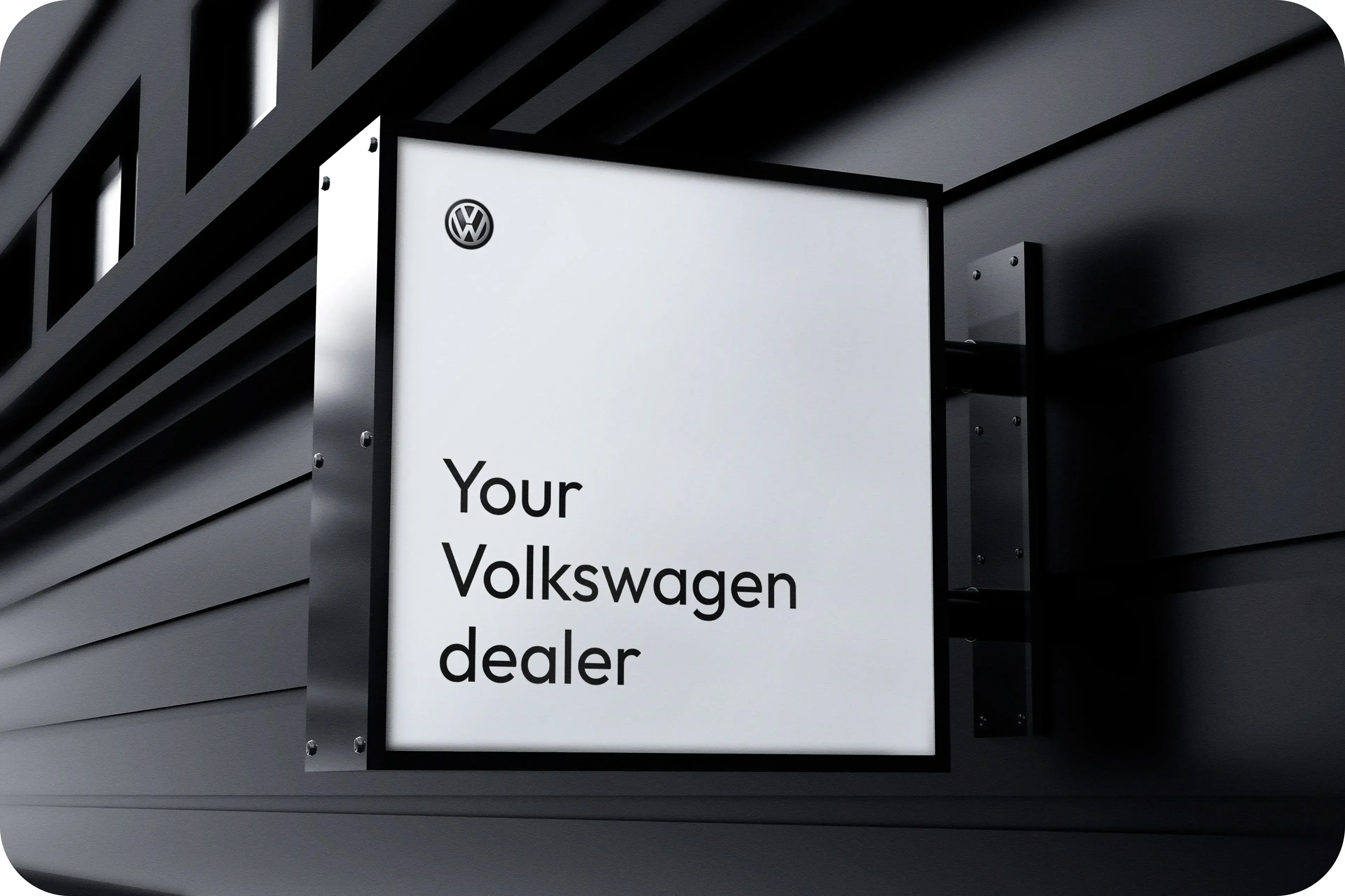 Design mockup featuring Volkswagen branding, a stylized vehicle element, and the text "Your Volkswagen dealer".