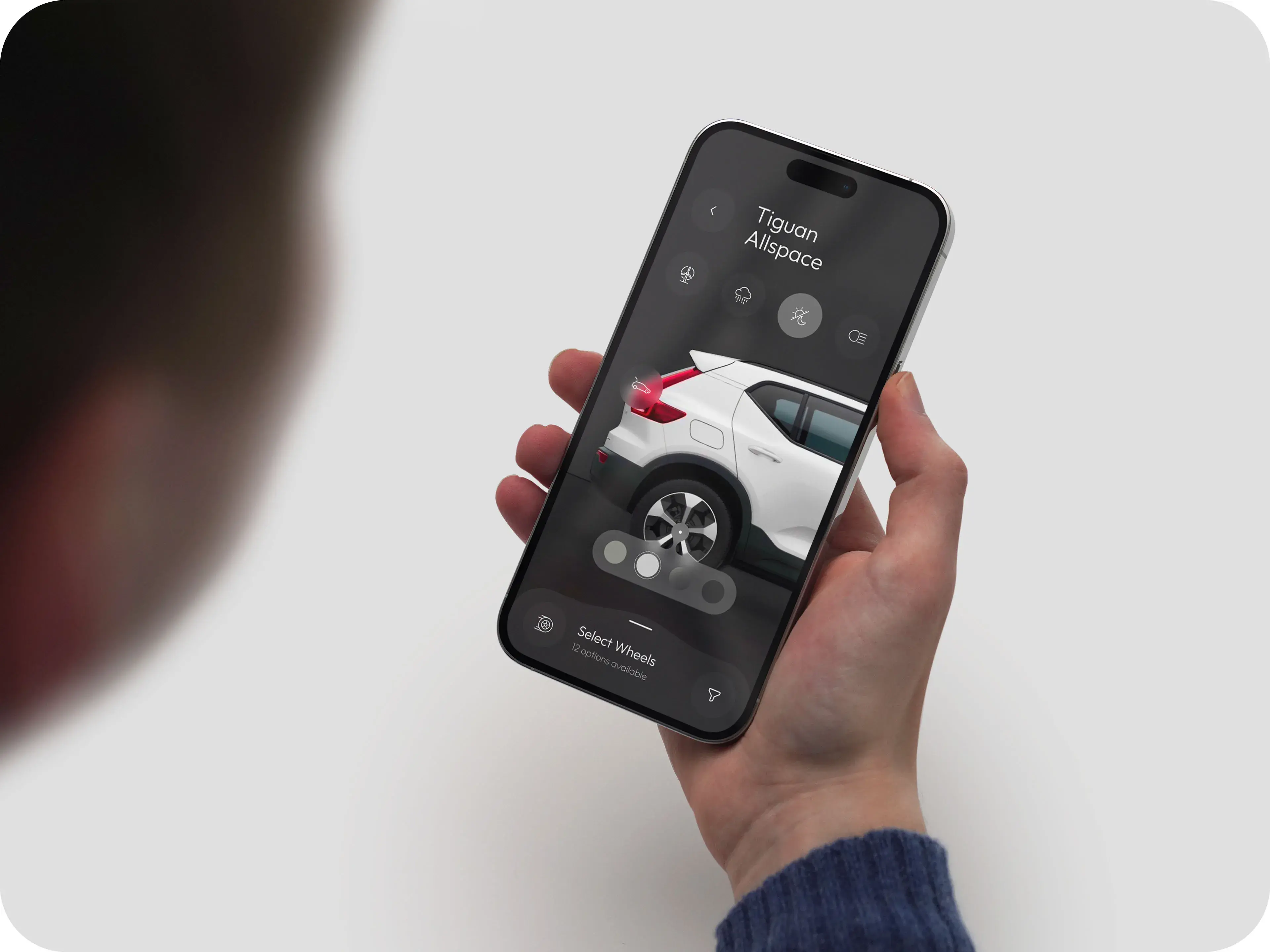 Volkswagen Tiguan Allspace configurator mobile app, showing wheel selection.