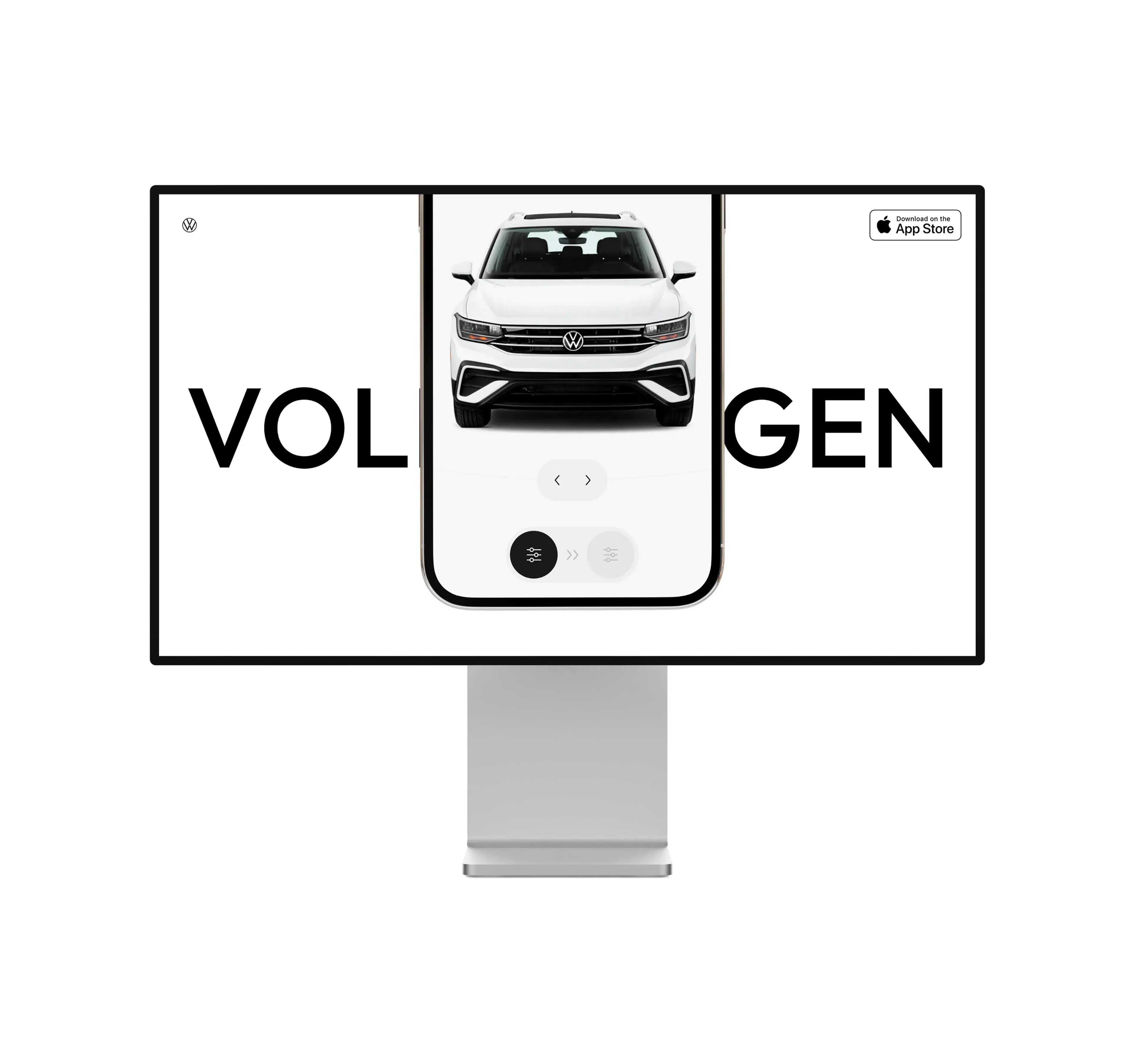 Screenshot of the Volkswagen mobile configurator app showing a city car and download prompt.