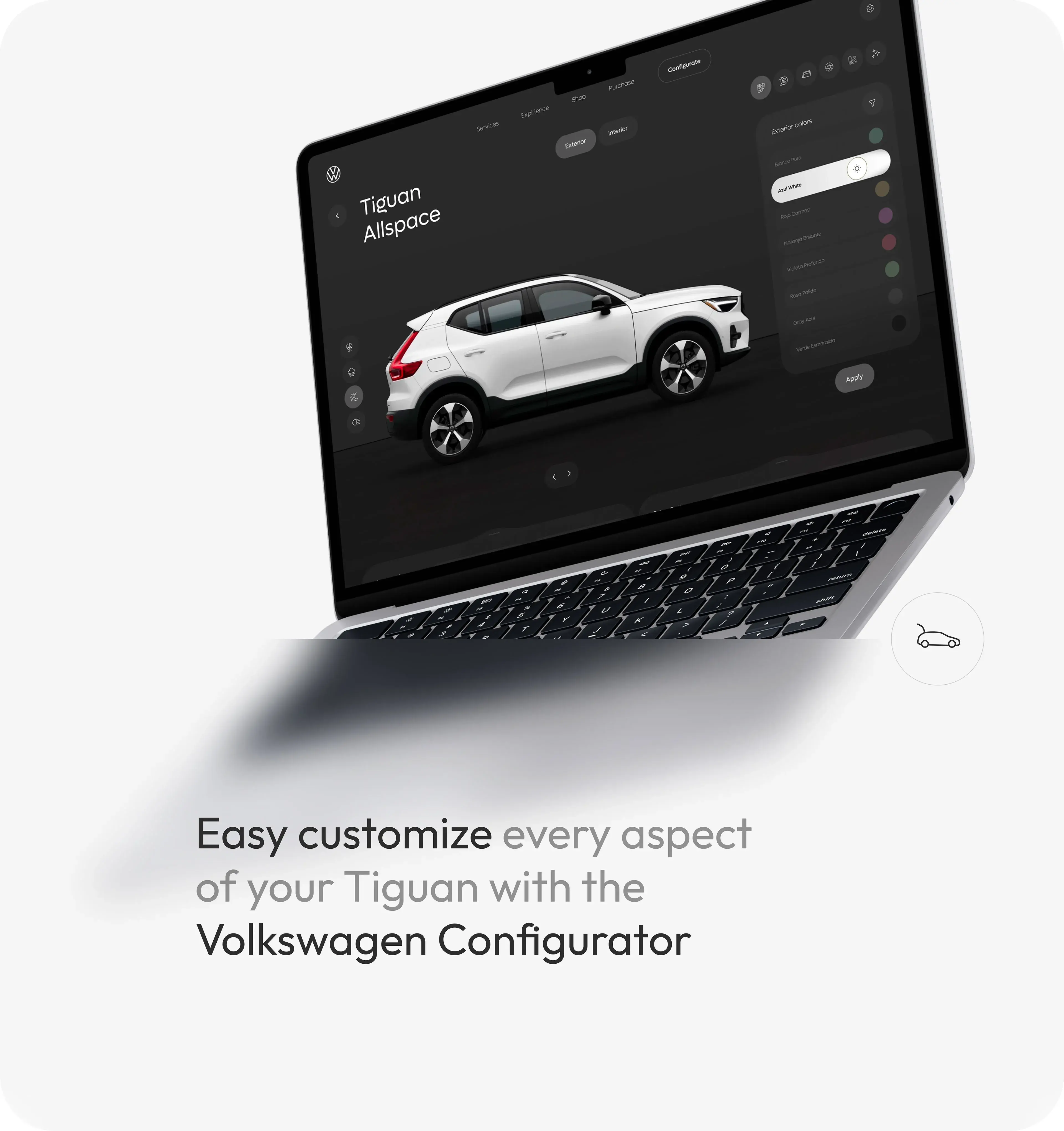 Screenshot of a Volkswagen SUV on a laptop screen, showcasing web application design.