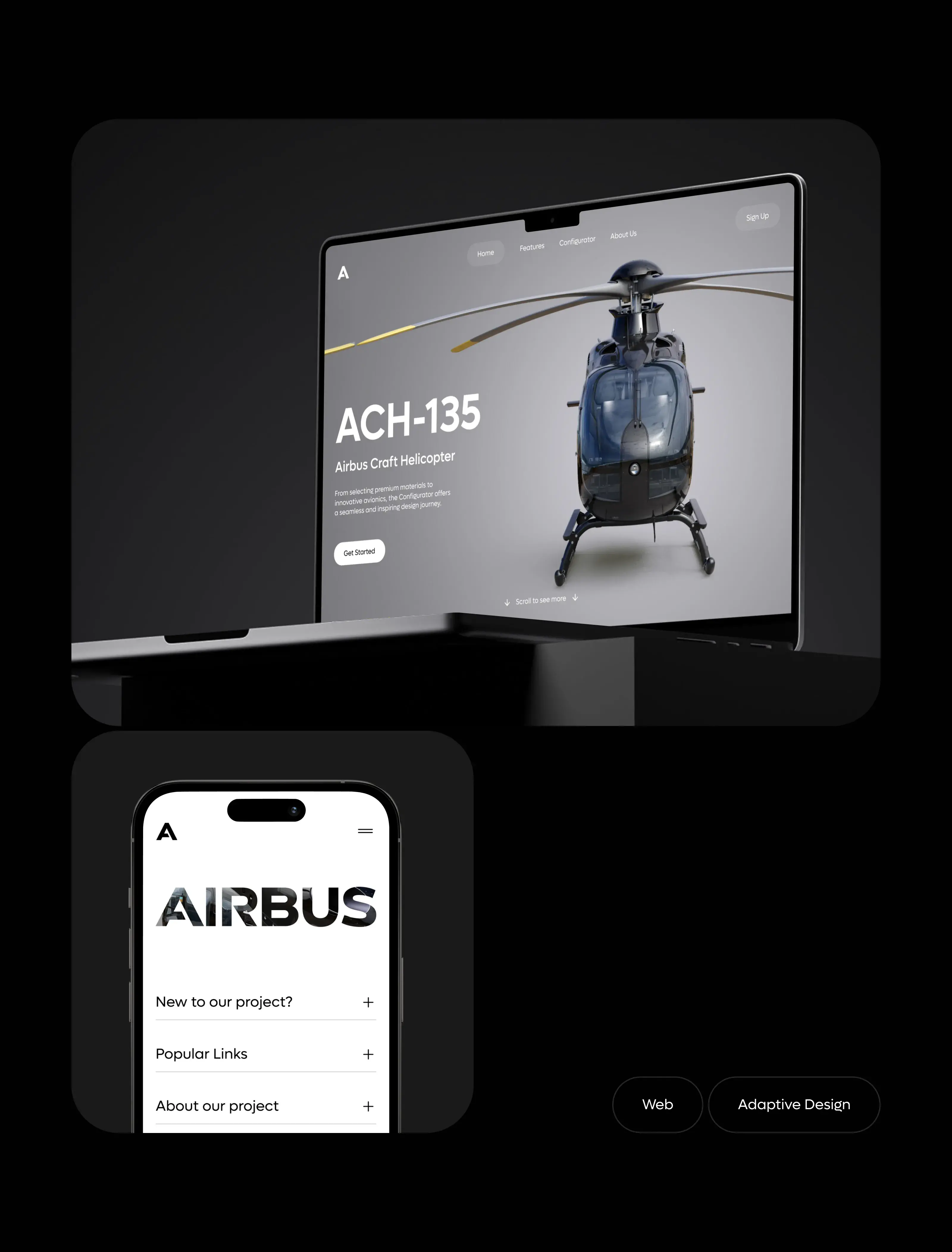 Desktop UI/UX design for an Airbus aircraft configurator dashboard shown on a smartphone.
