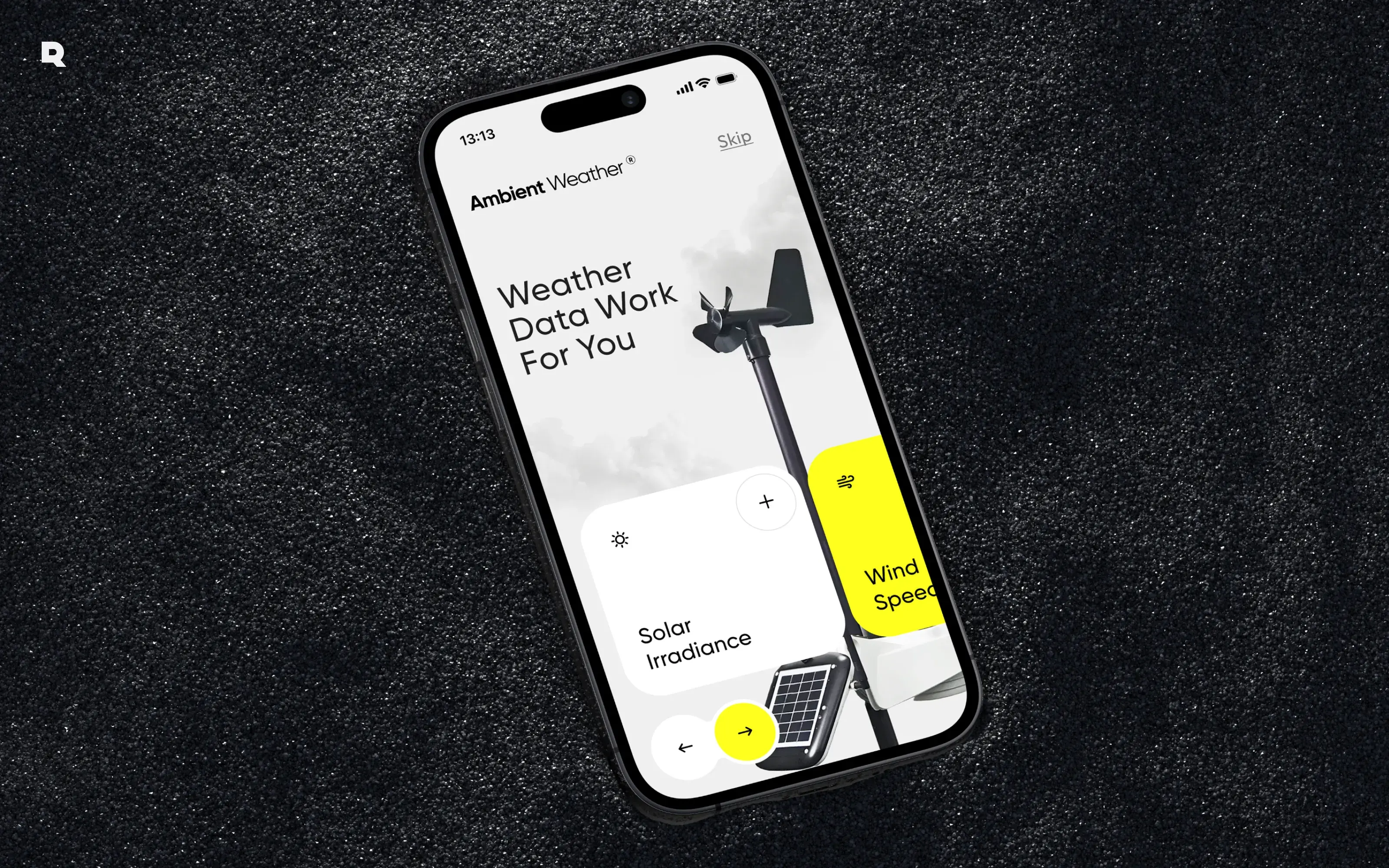 Screenshot of the Ambient Weather mobile app UI showing weather data like temperature and wind.