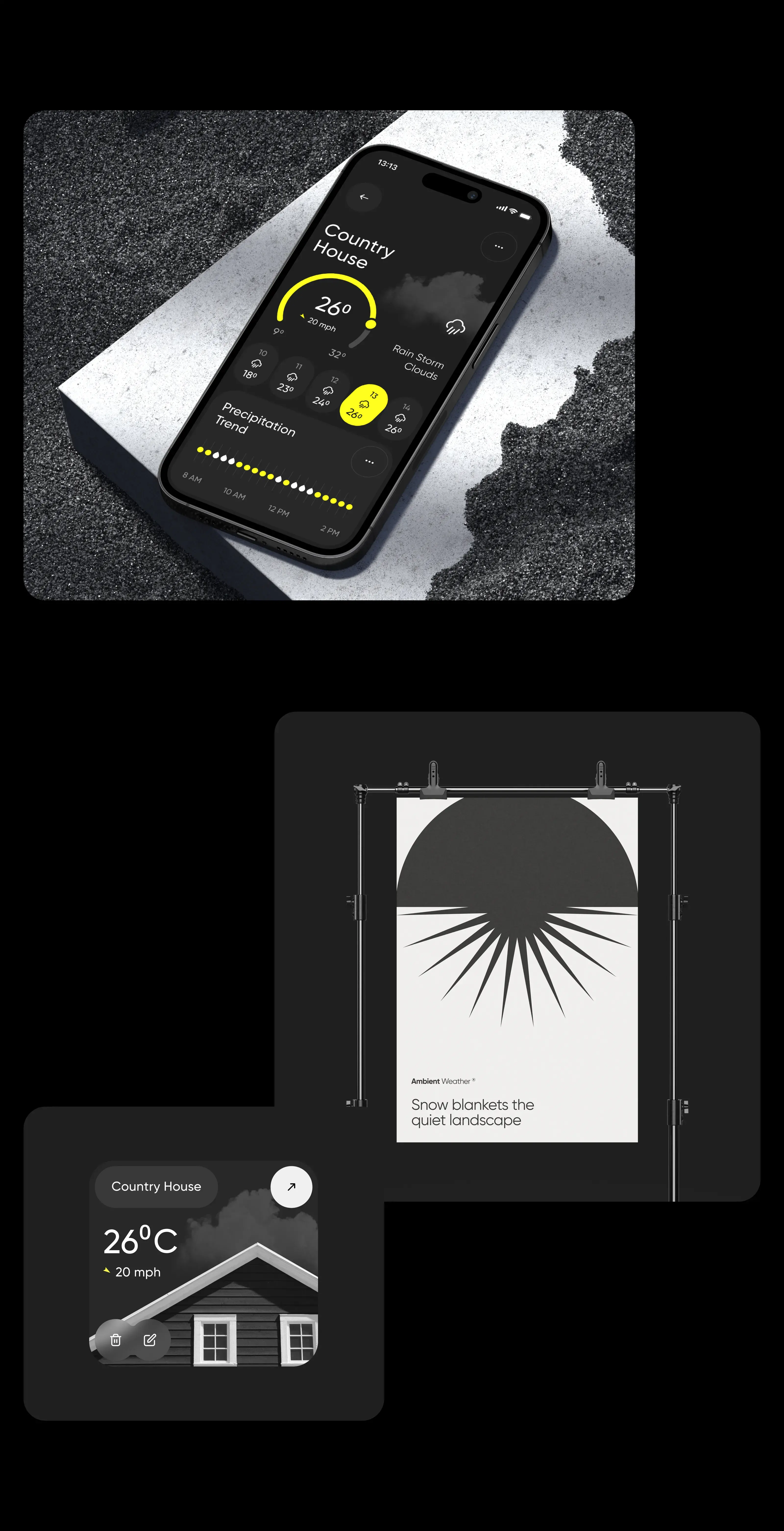 Smartphone displaying the UI/UX design for an ambient weather and IoT app.