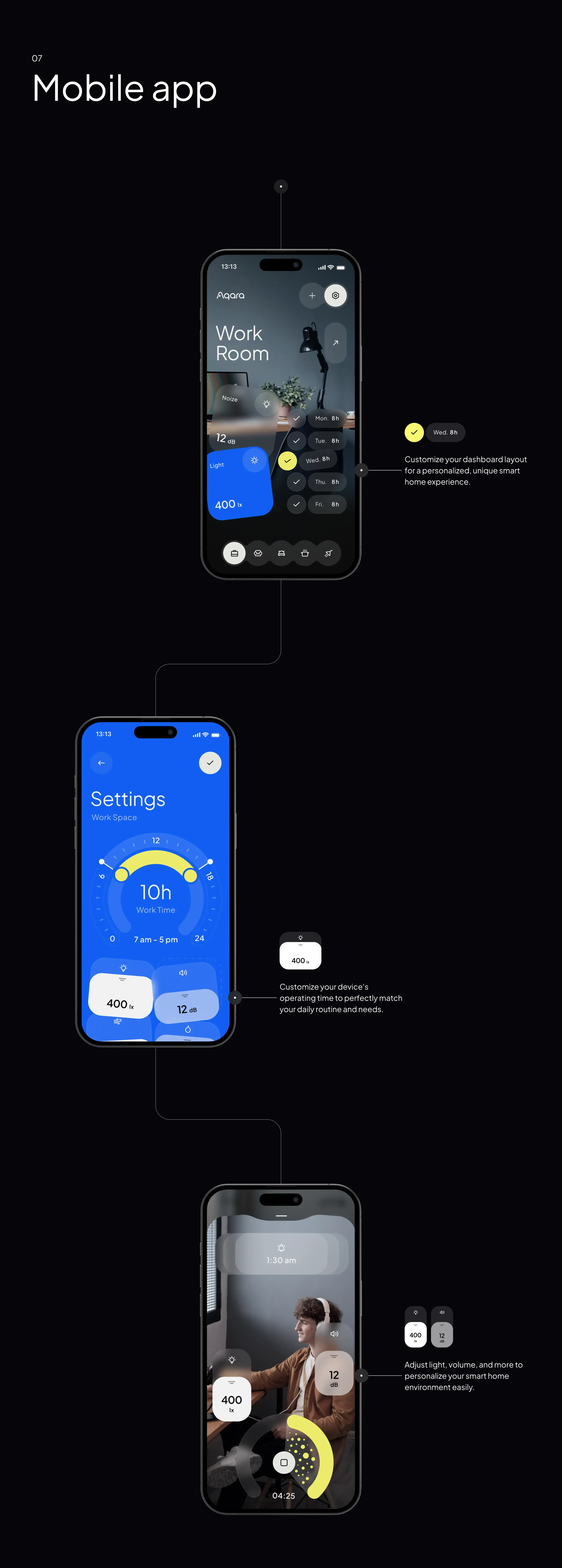 Screenshot showcasing the UI/UX design of the Aqara smart home app across several mobile devices.