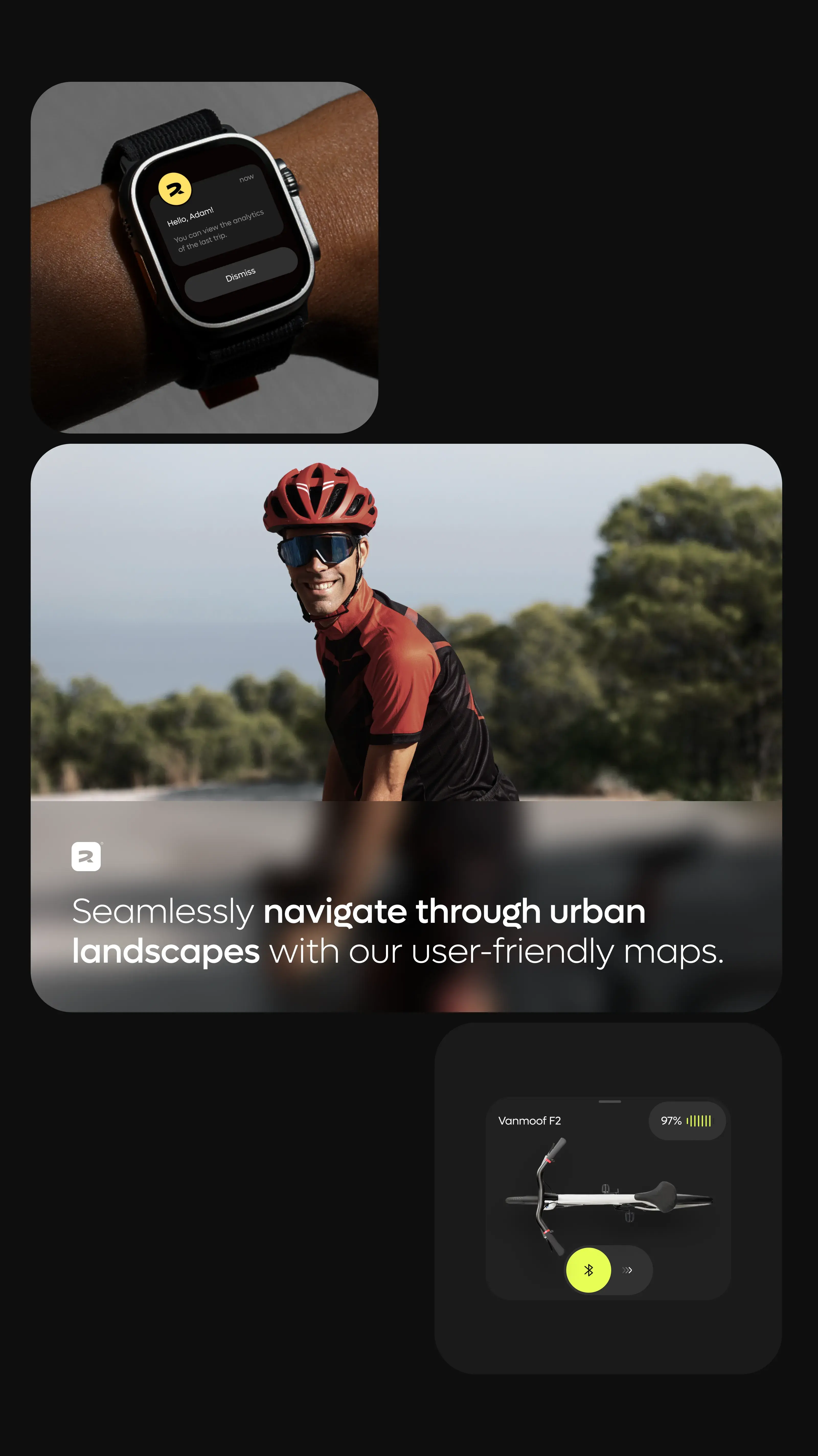 Screenshot of a person wearing a watch or gadget, demonstrating the mobile cycling app.