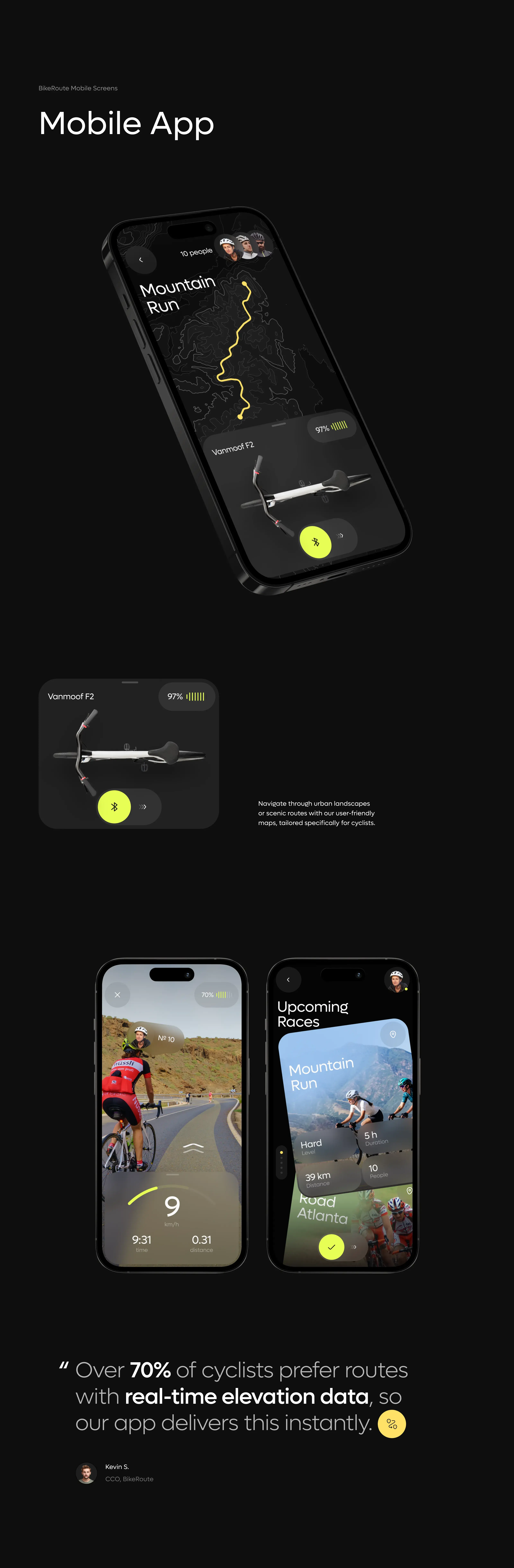 Screenshots on mobile devices displaying the bicycle route app user interface design.