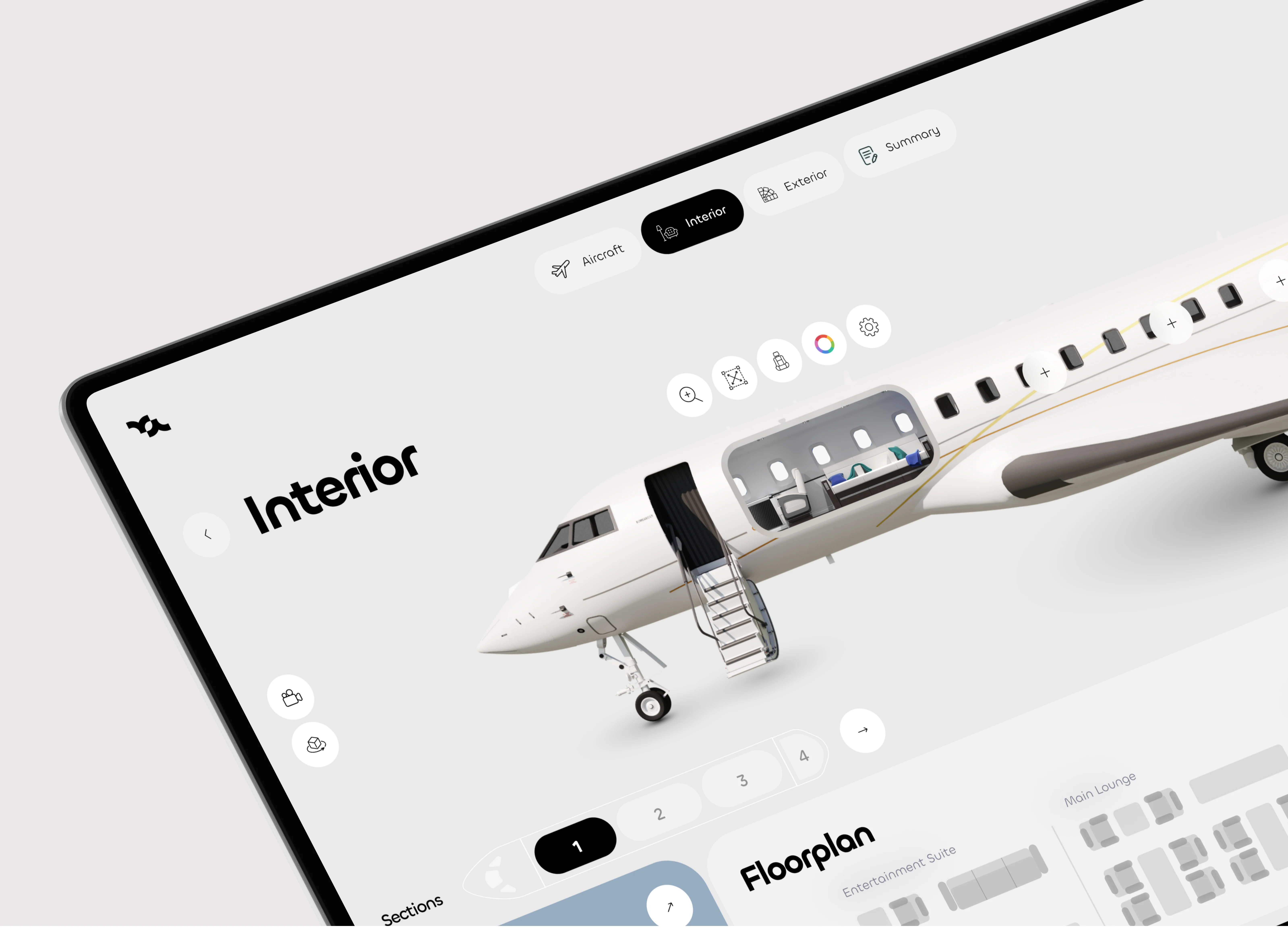 Screenshot of a design interface showing interior and exterior sections of a Bombardier aircraft.