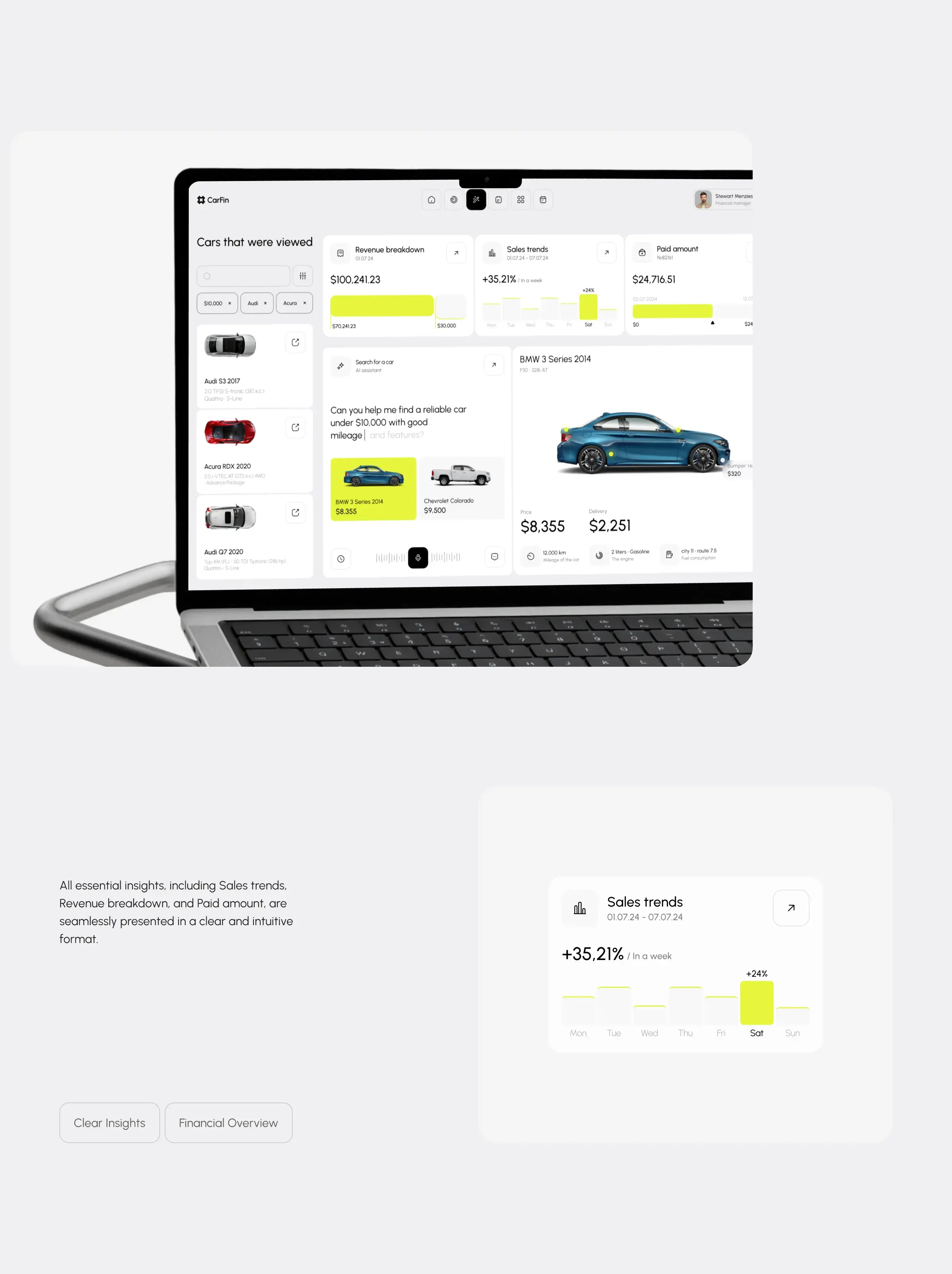 Concept UI screenshot for the Carfin AI car search assistant.