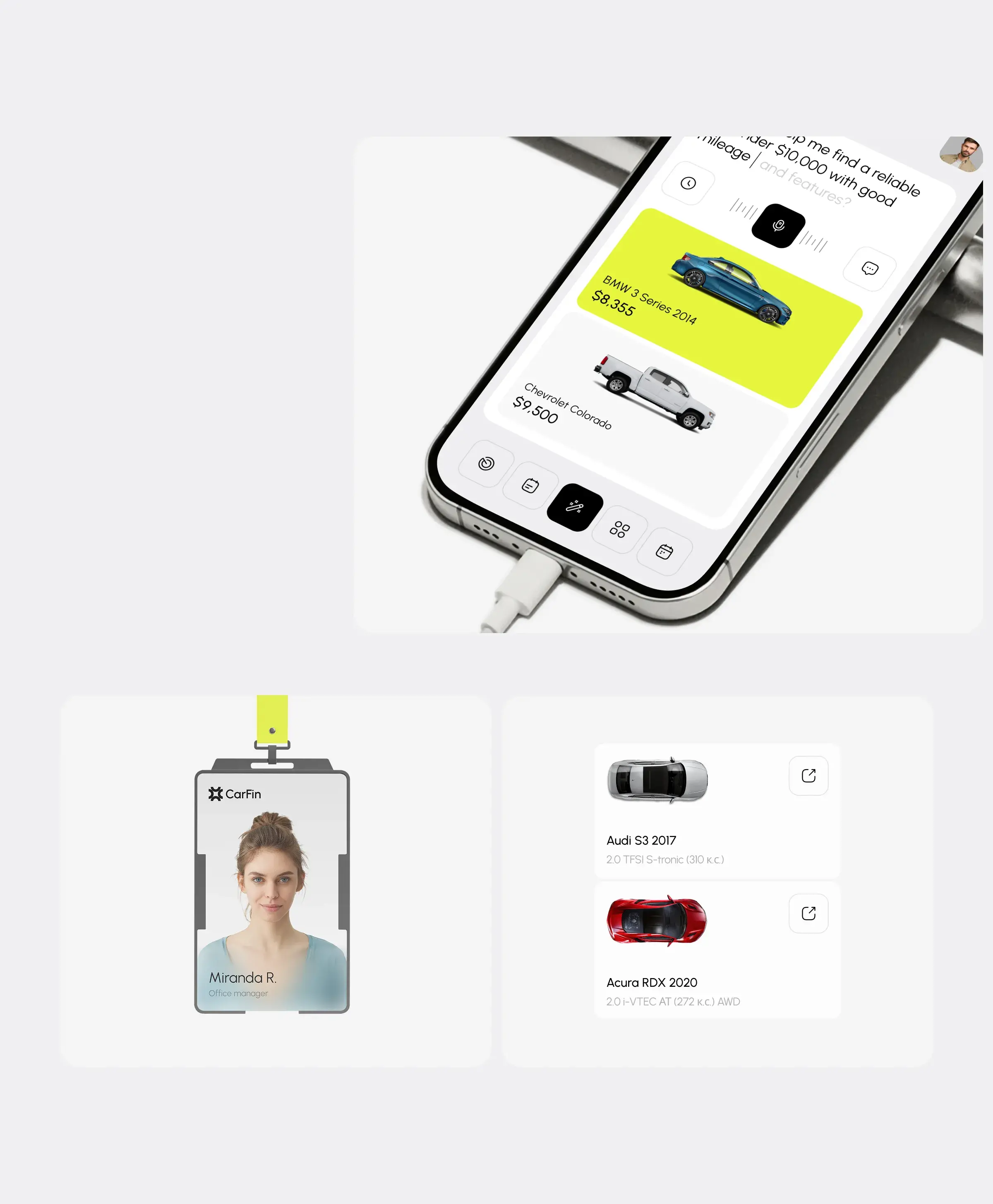 Mobile interface concept for the Carfin AI car search assistant.