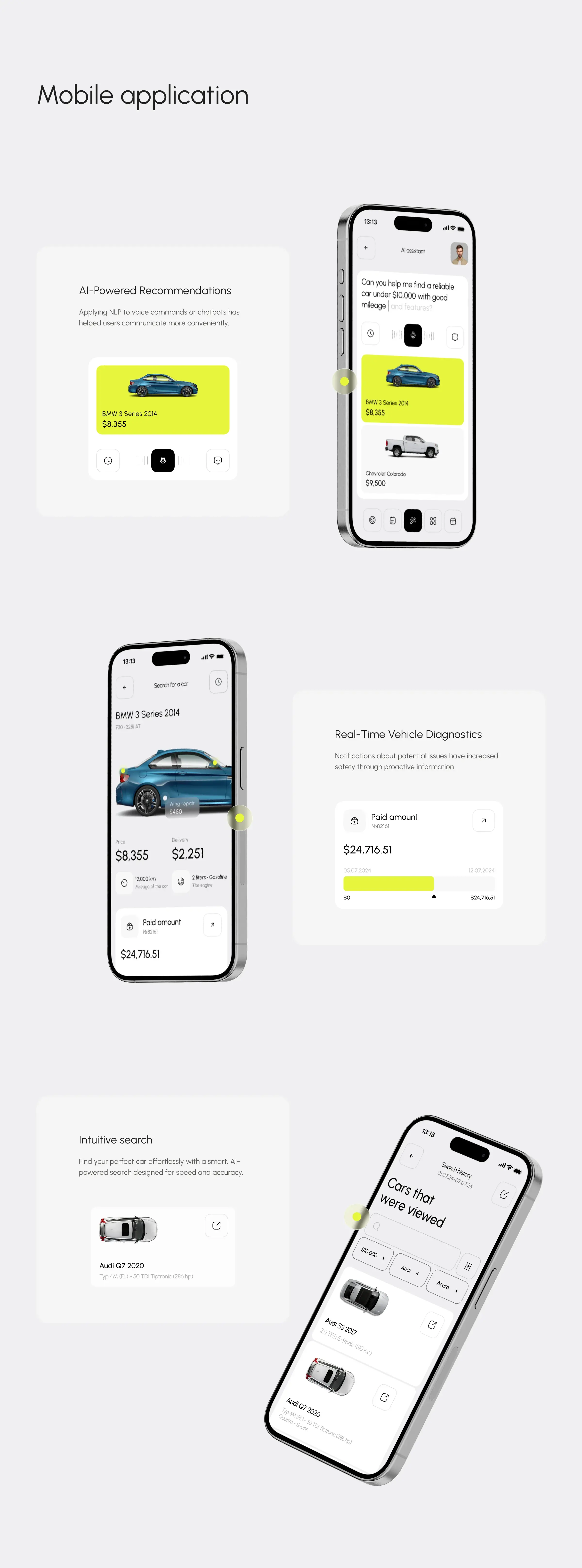 Screenshot of a mobile UI diagram for the car search AI assistant concept.