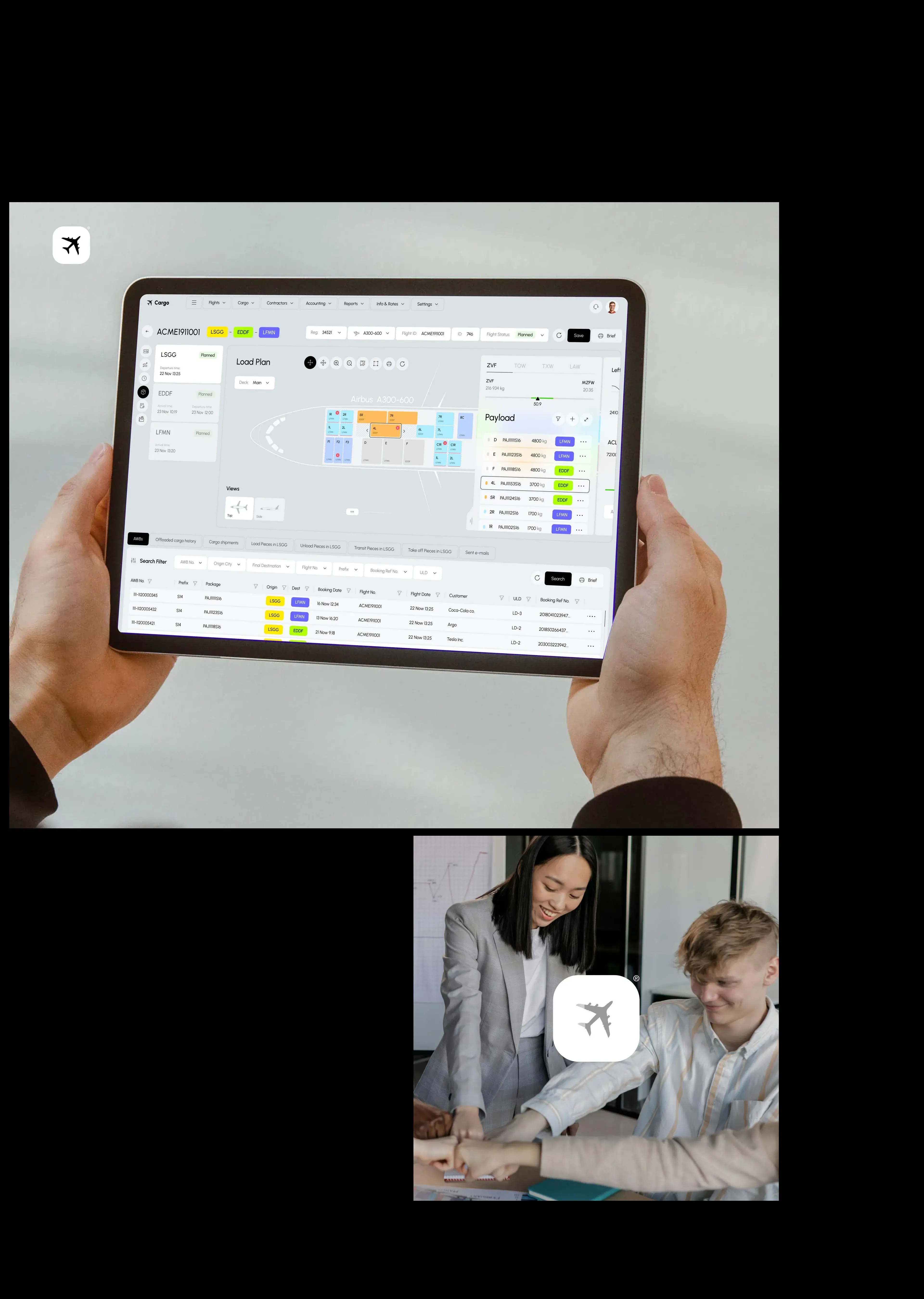 Cargo TMS SaaS UI on a tablet, demonstrated to users.