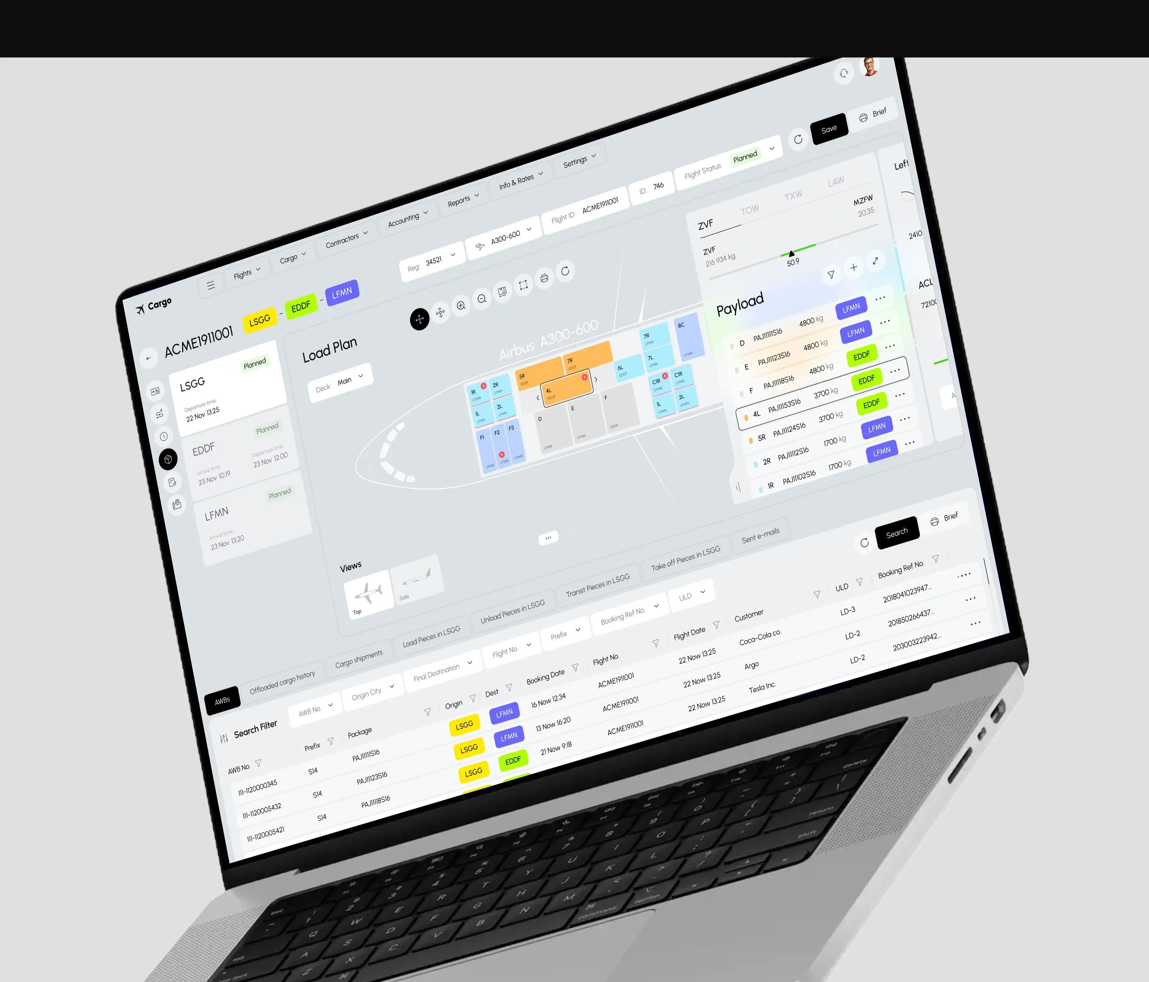 Screenshot of the cargo TMS system SaaS web application UI on a laptop.