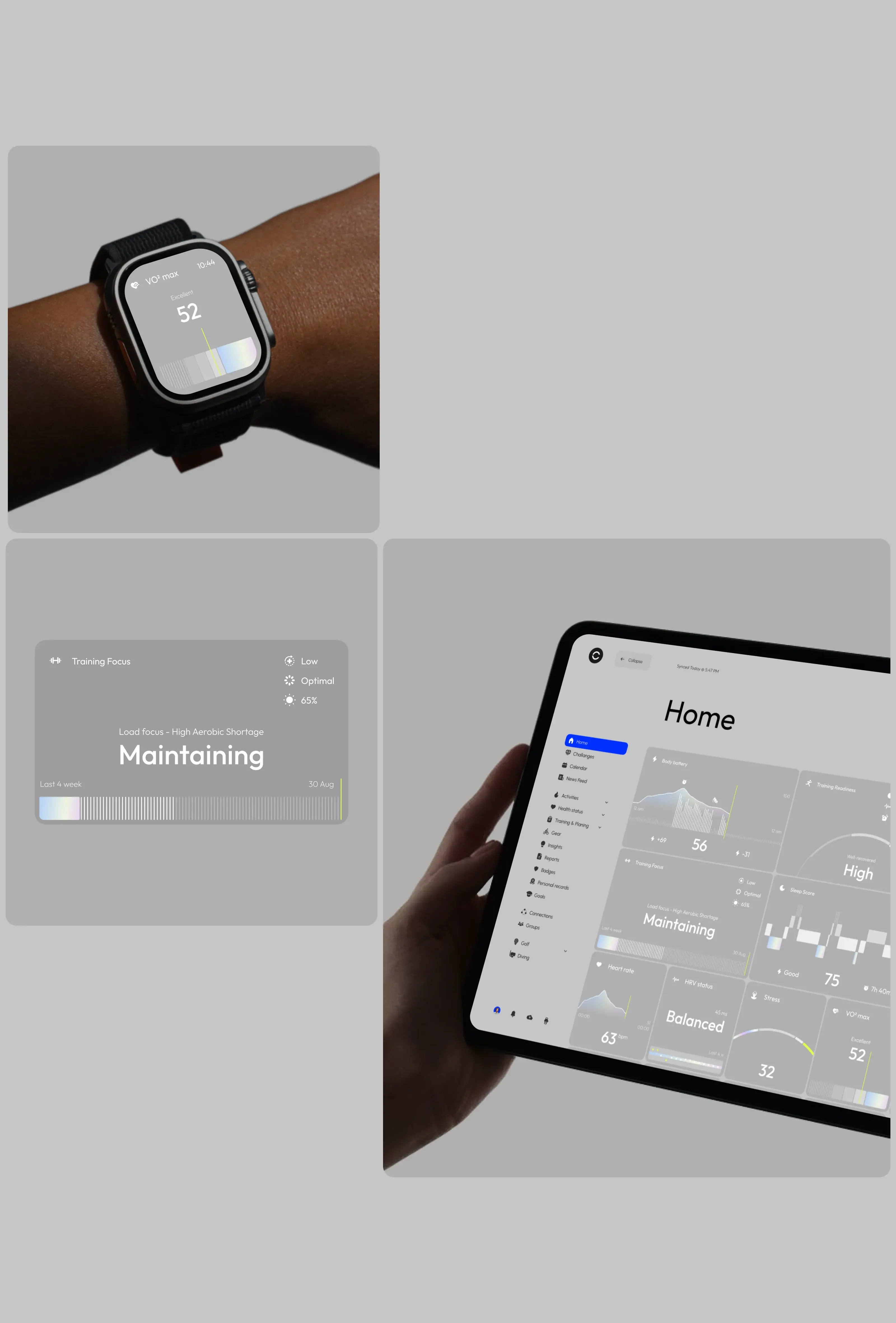 Desktop app UI screenshot for Fit-Sync SaaS, displaying fitness and healthcare metrics using circles and meters.