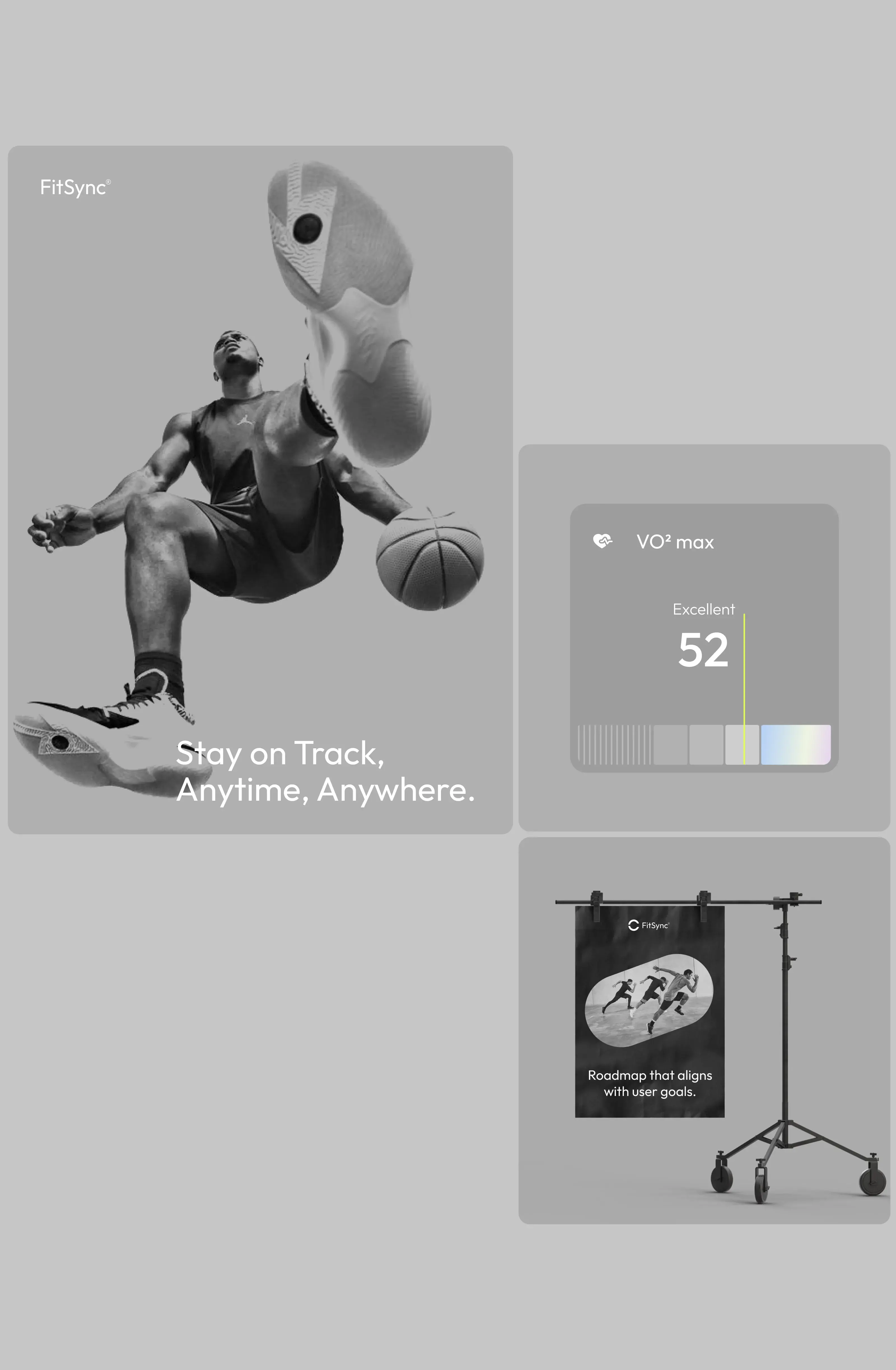 Screenshot of FitSync desktop app UI showing VO2 max data and 'Stay on Track' text, with a basketball background.