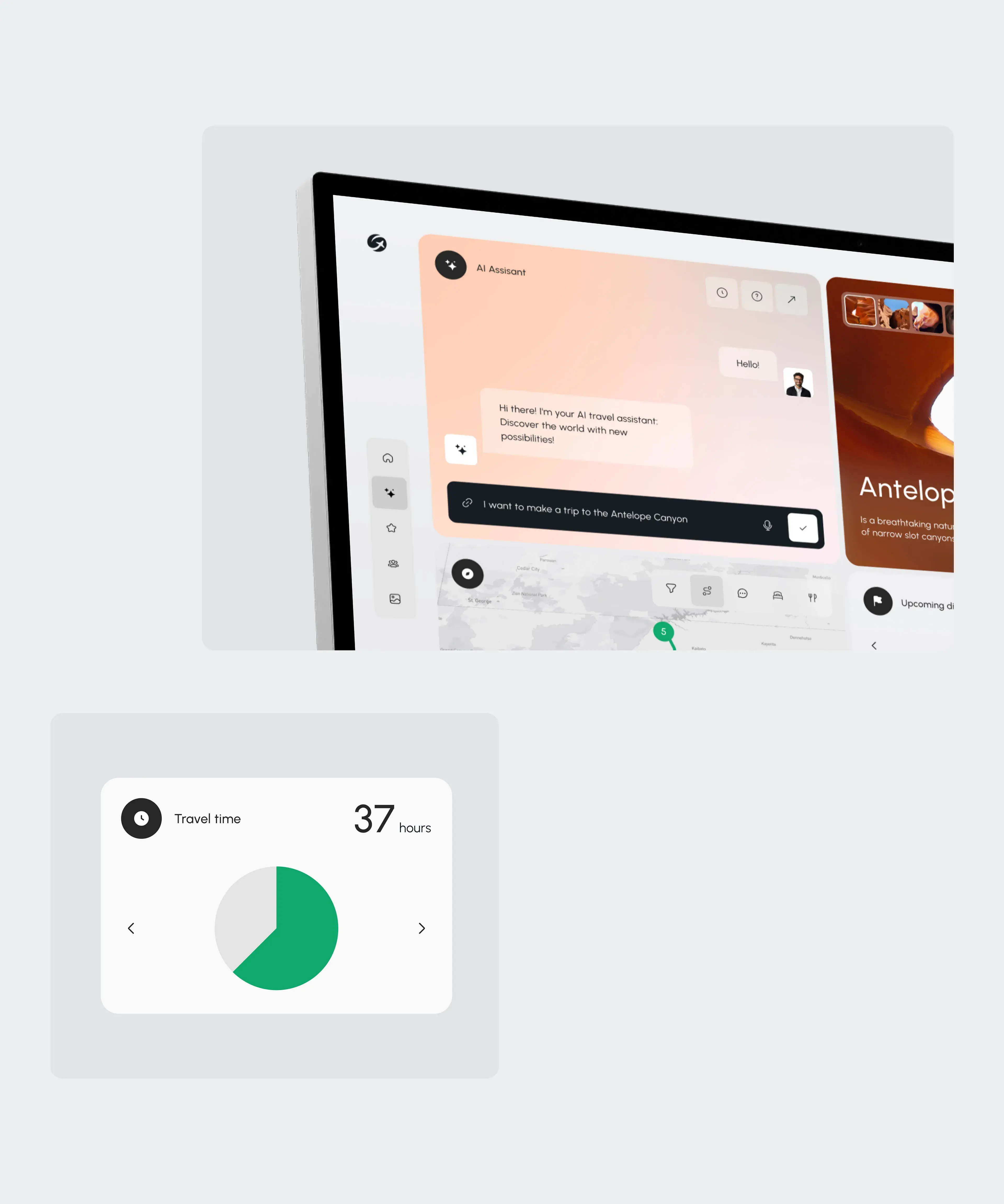 Colorful UI screenshot of the GeoVea AI assistant app, showing wellness data and a meter.