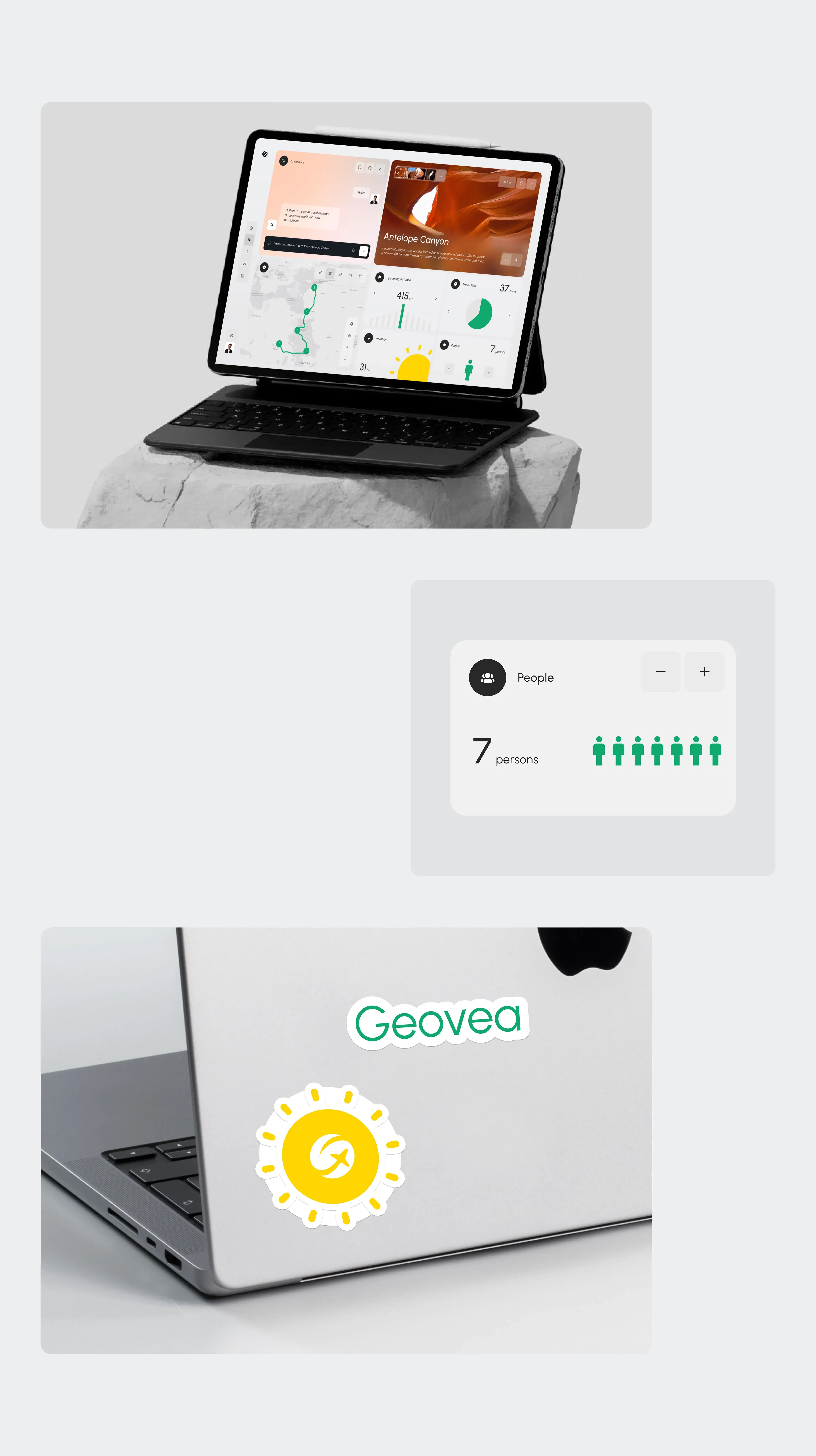 Screenshot of the Geovea AI assistant desktop app UI on a laptop.