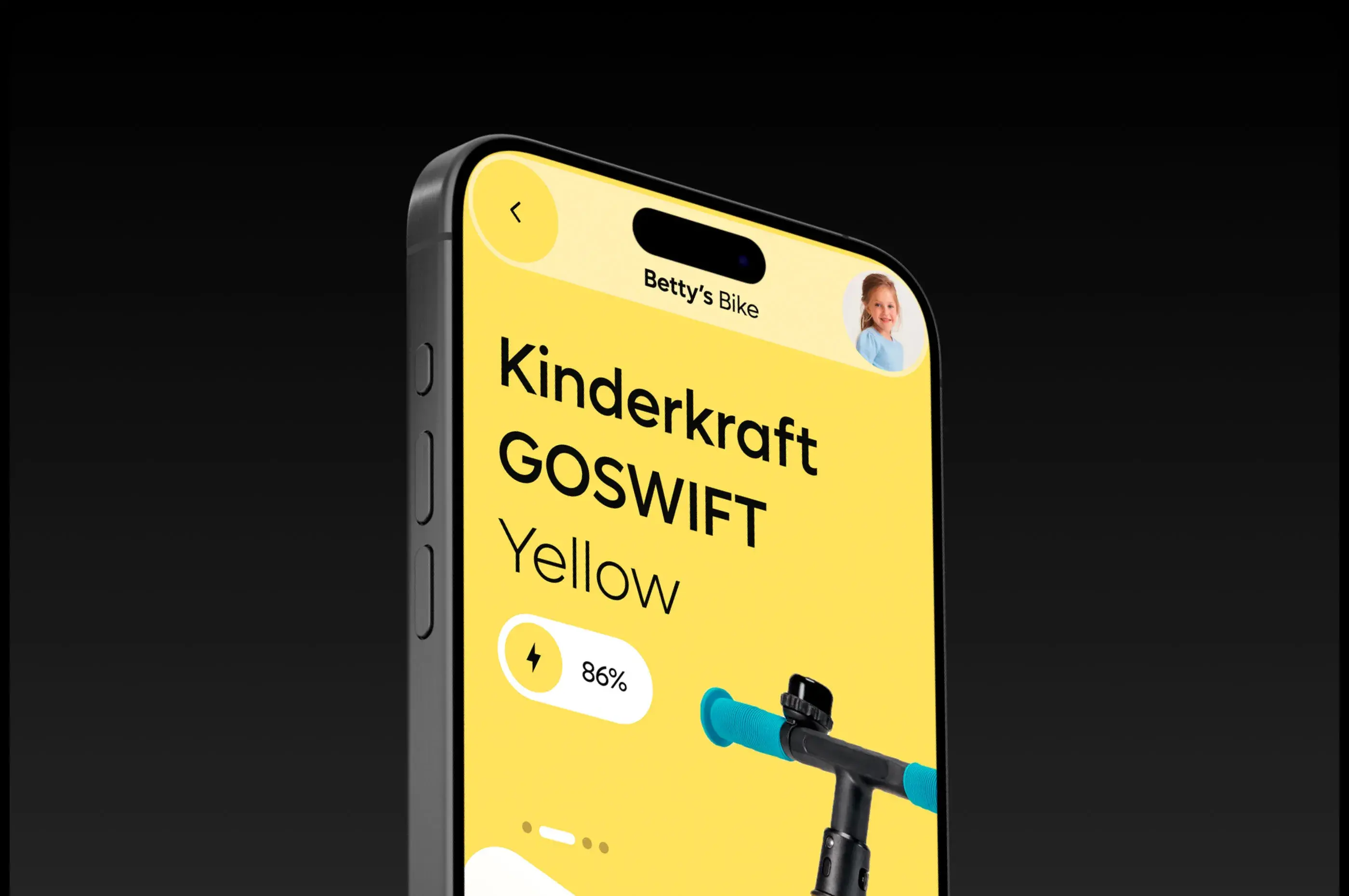 Kinderkraft GOSWIFT mobile app interface showing "Betty\'s Bike Yellow" and 86%.