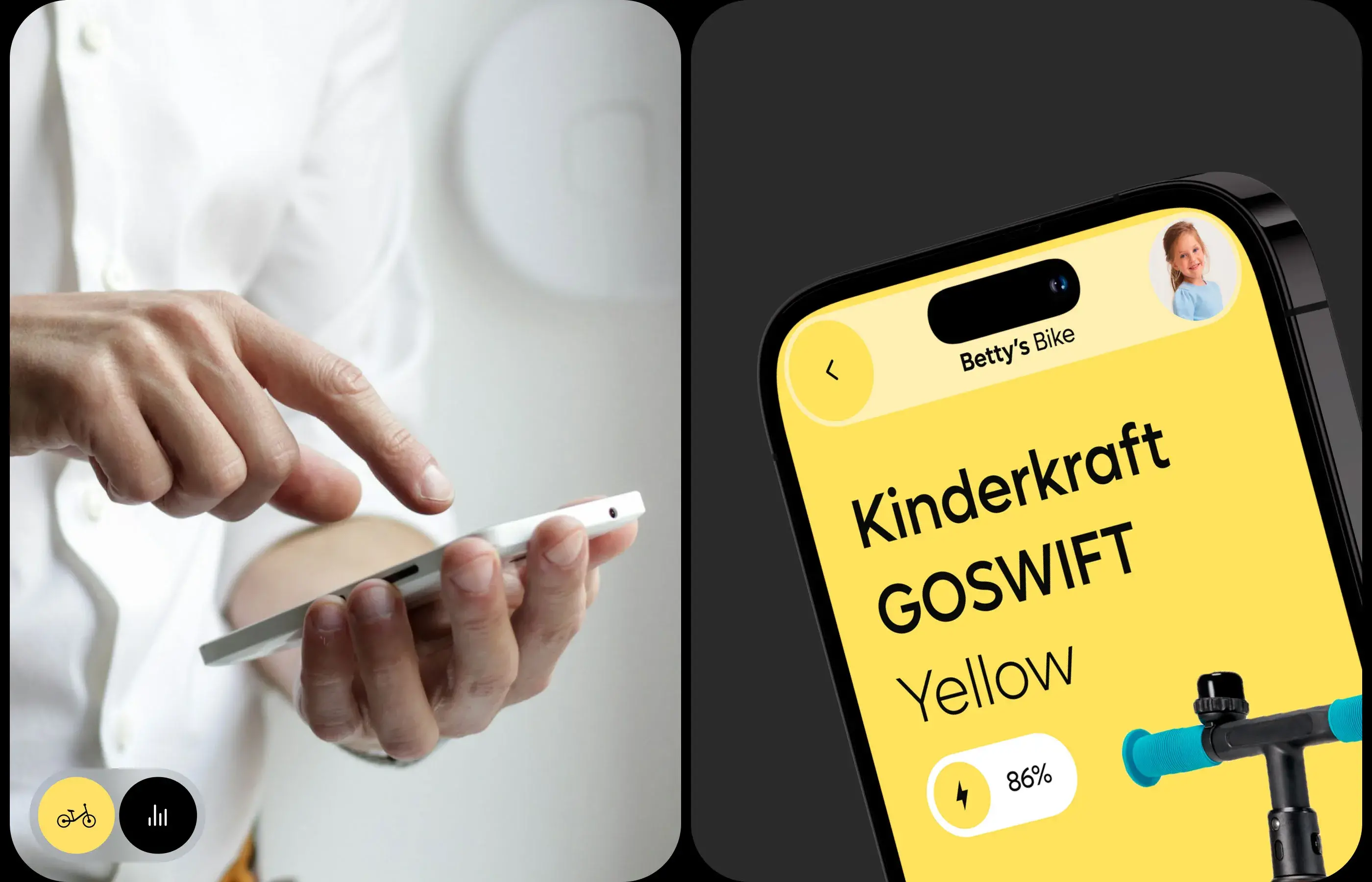 Screenshot of the Kinderkraft GOSWIFT mobile app showing 'Betty's Bike'.