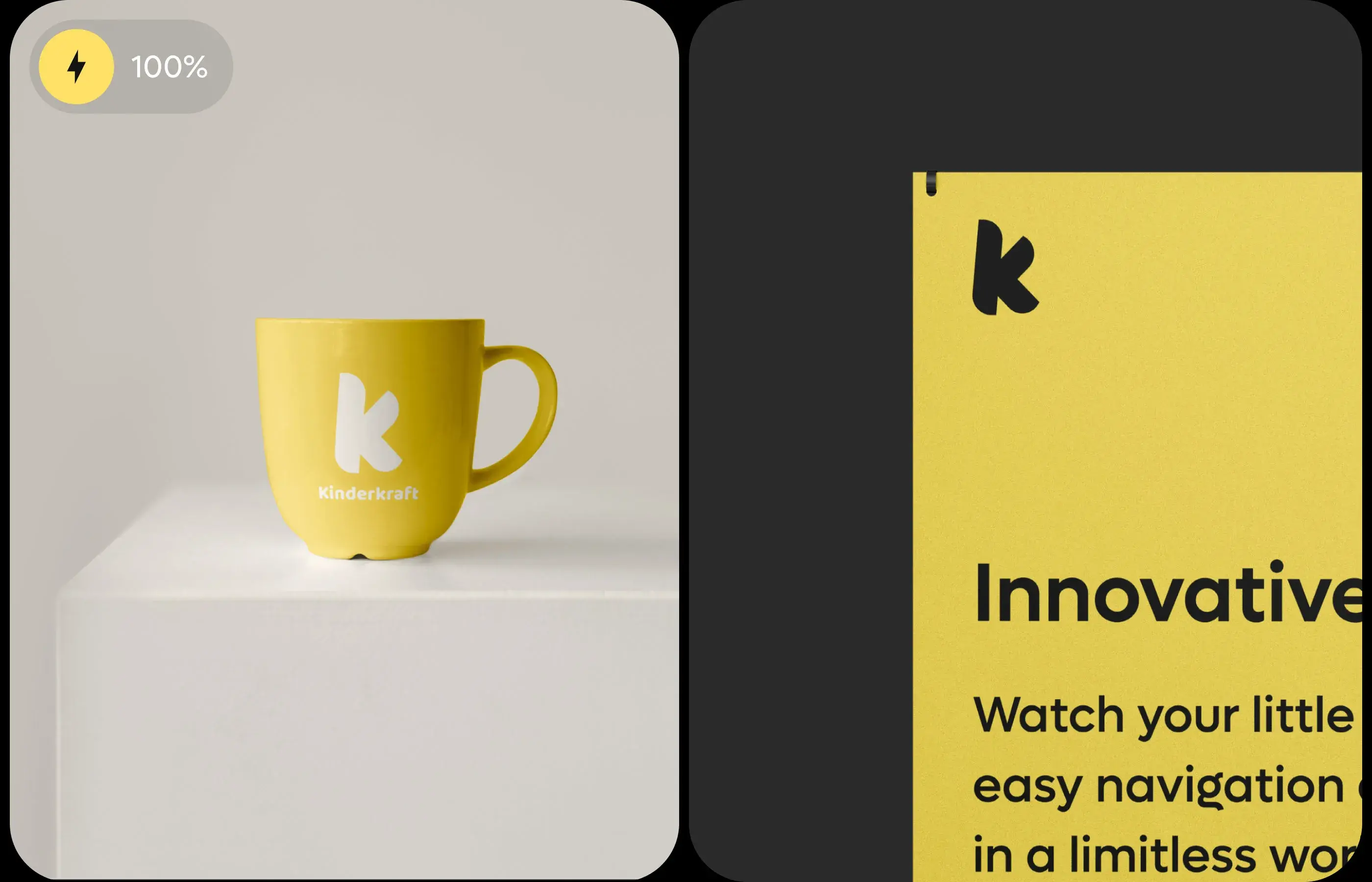 Kinderkraft GoSwift app design graphic featuring a cup symbol and text about easy navigation.