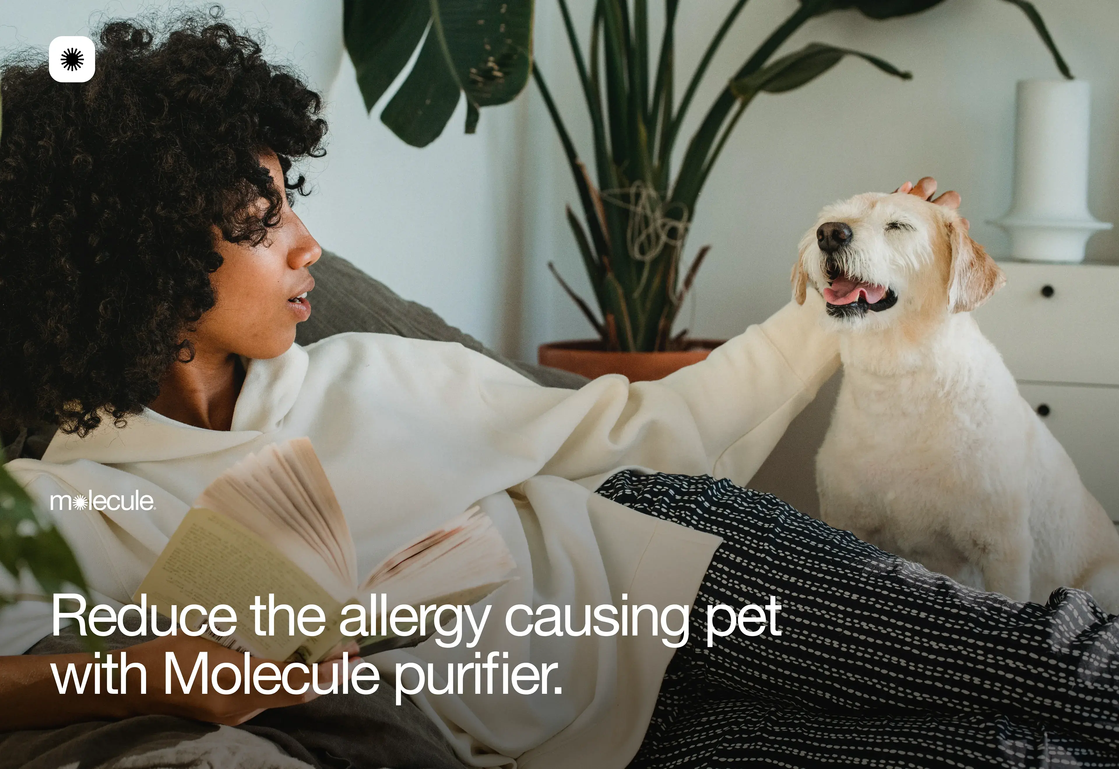 Person with a dog, representing the pet allergen reduction feature of the Molecule smart home solution discussed in the case study.