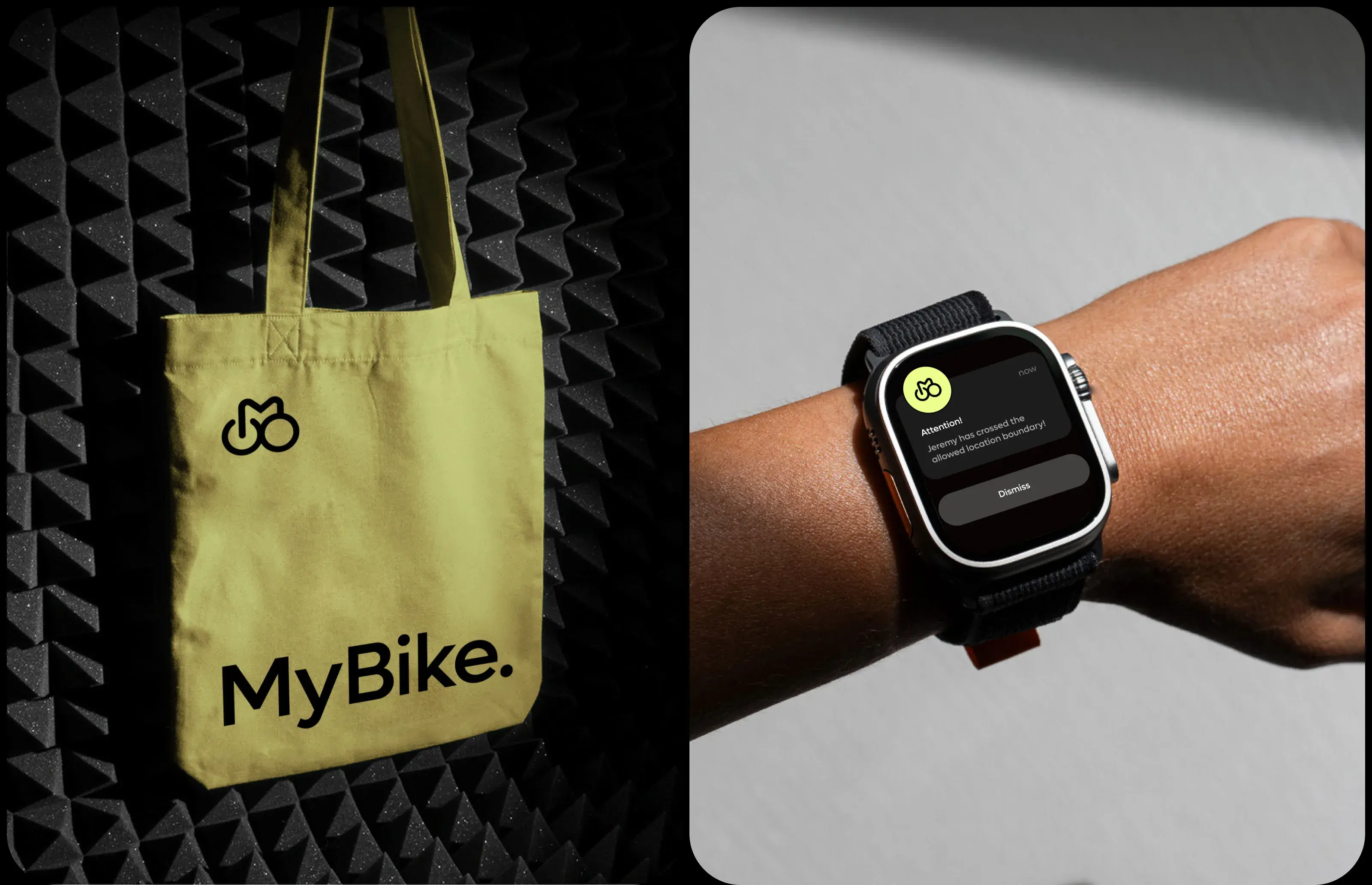 UI design mockup for the MyBike app, showing a critical location alert: "Jeremy has crossed the allowed location boundary!