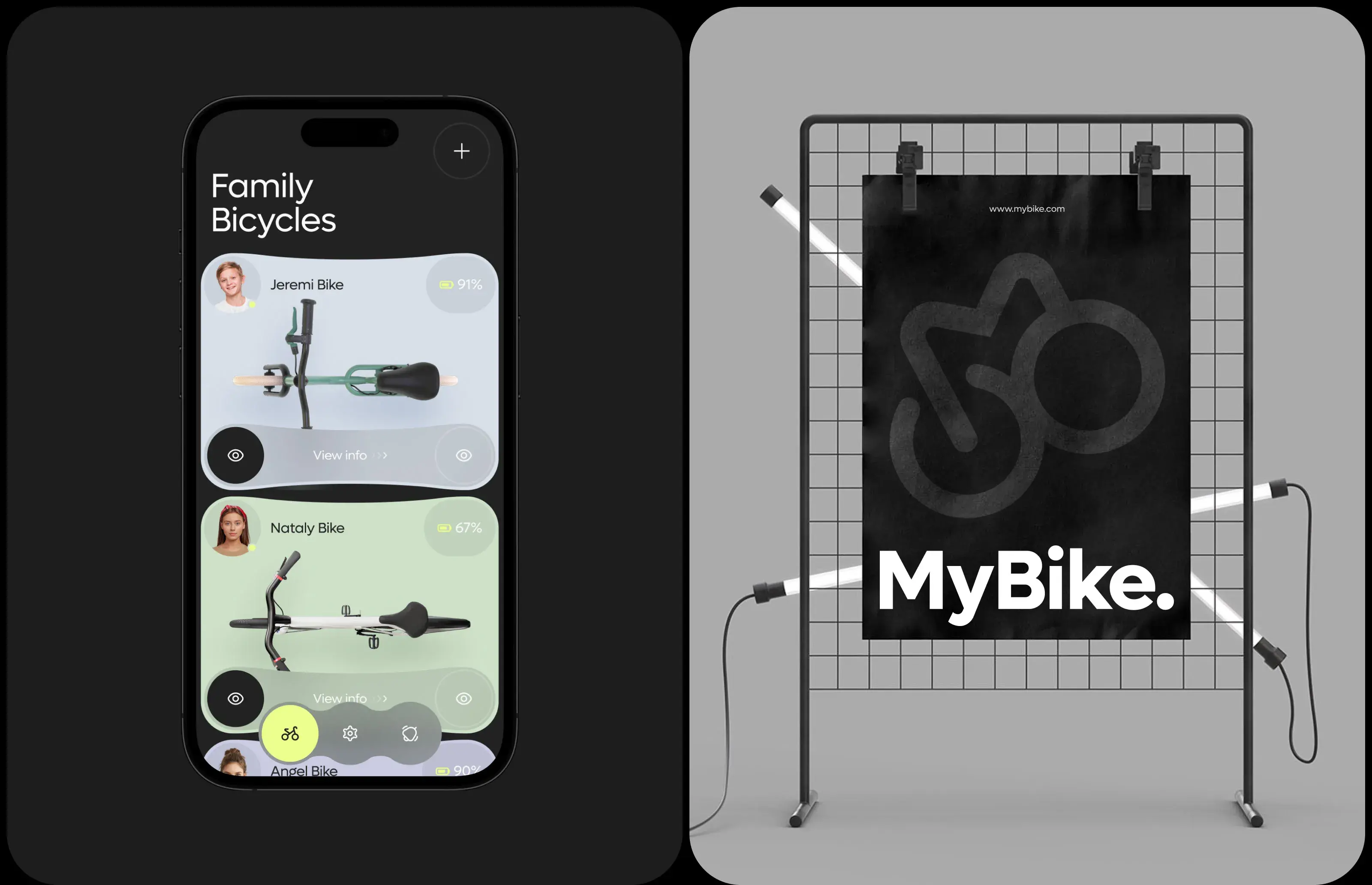 Mobile phone mockup showcasing the MyBike app UI design, listing specific bikes with percentage indicators.