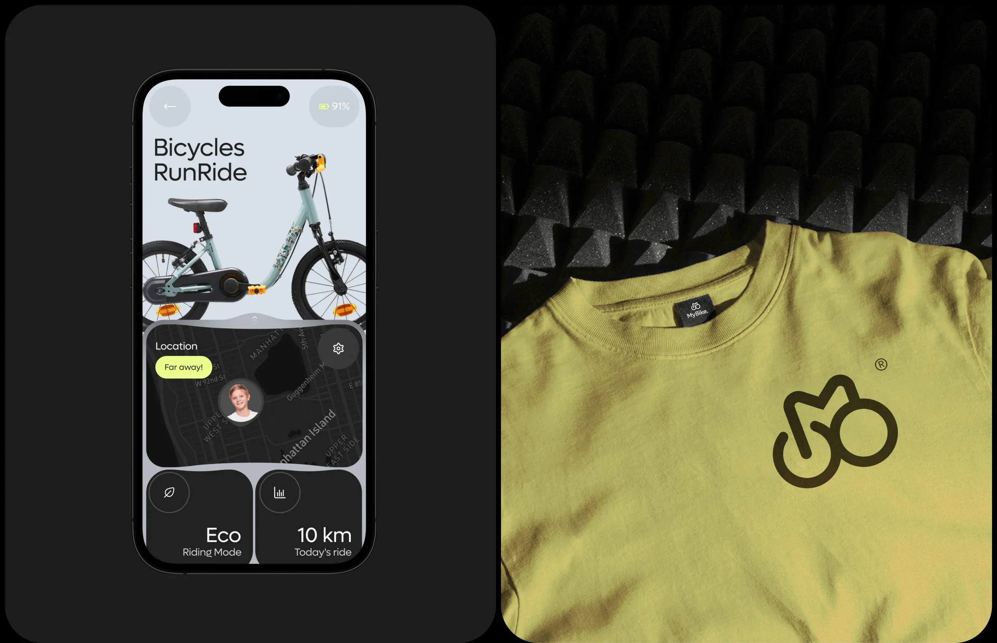 Screenshot of the Mybike mobile app UI design on a phone.