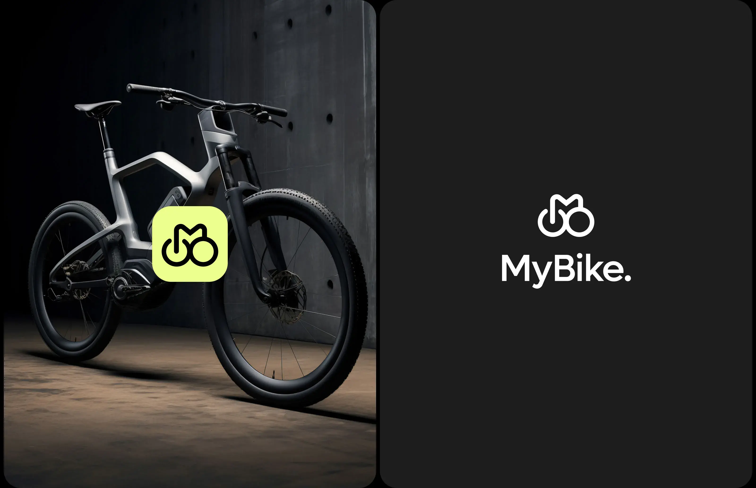 Detailed view of a carbon fiber hybrid bicycle featuring the text "MyBike." for the app case study.