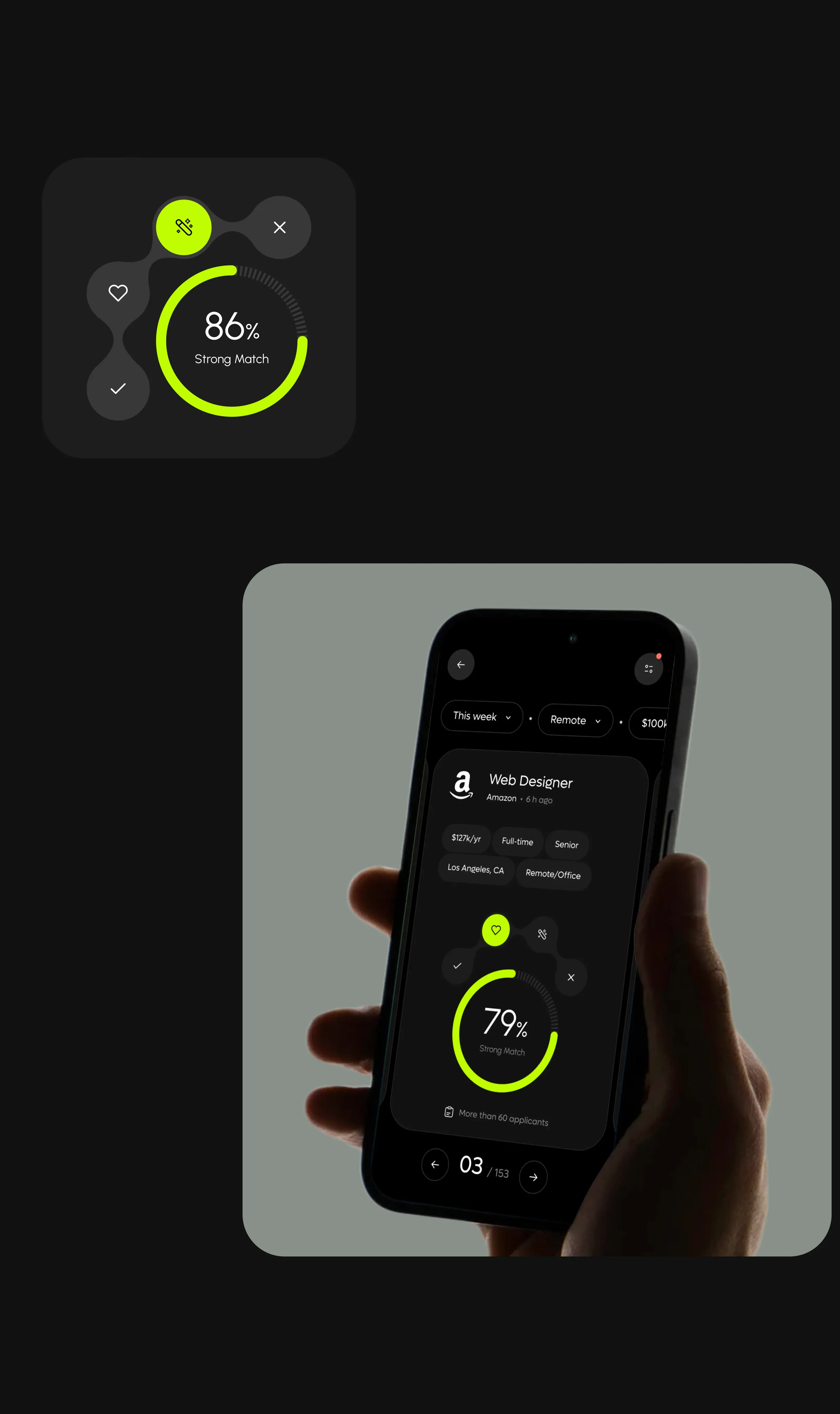 Mobile phone screen displaying a startup's AI-powered job SaaS interface.