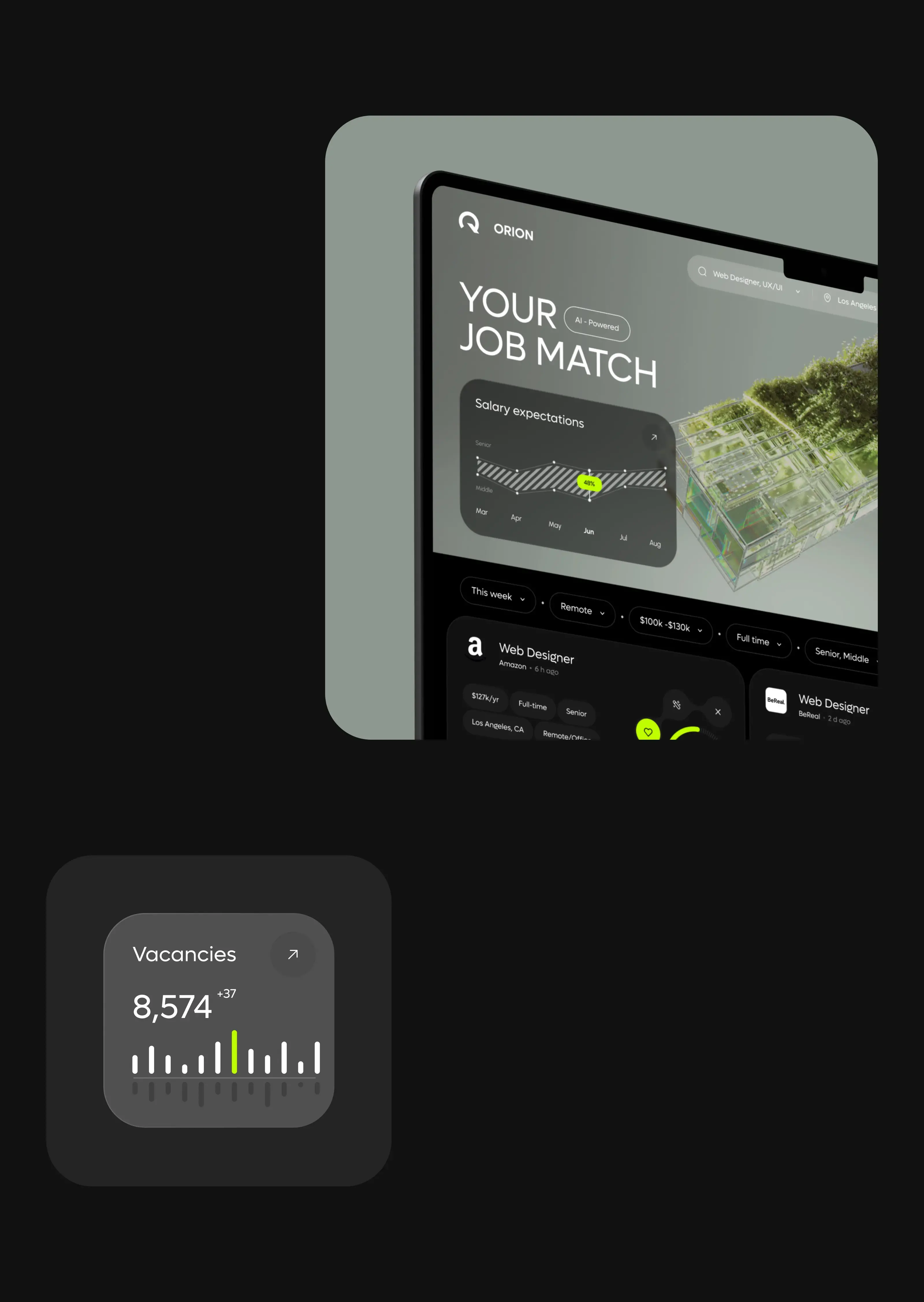 Screenshot of an AI-powered job search mobile app UI design.