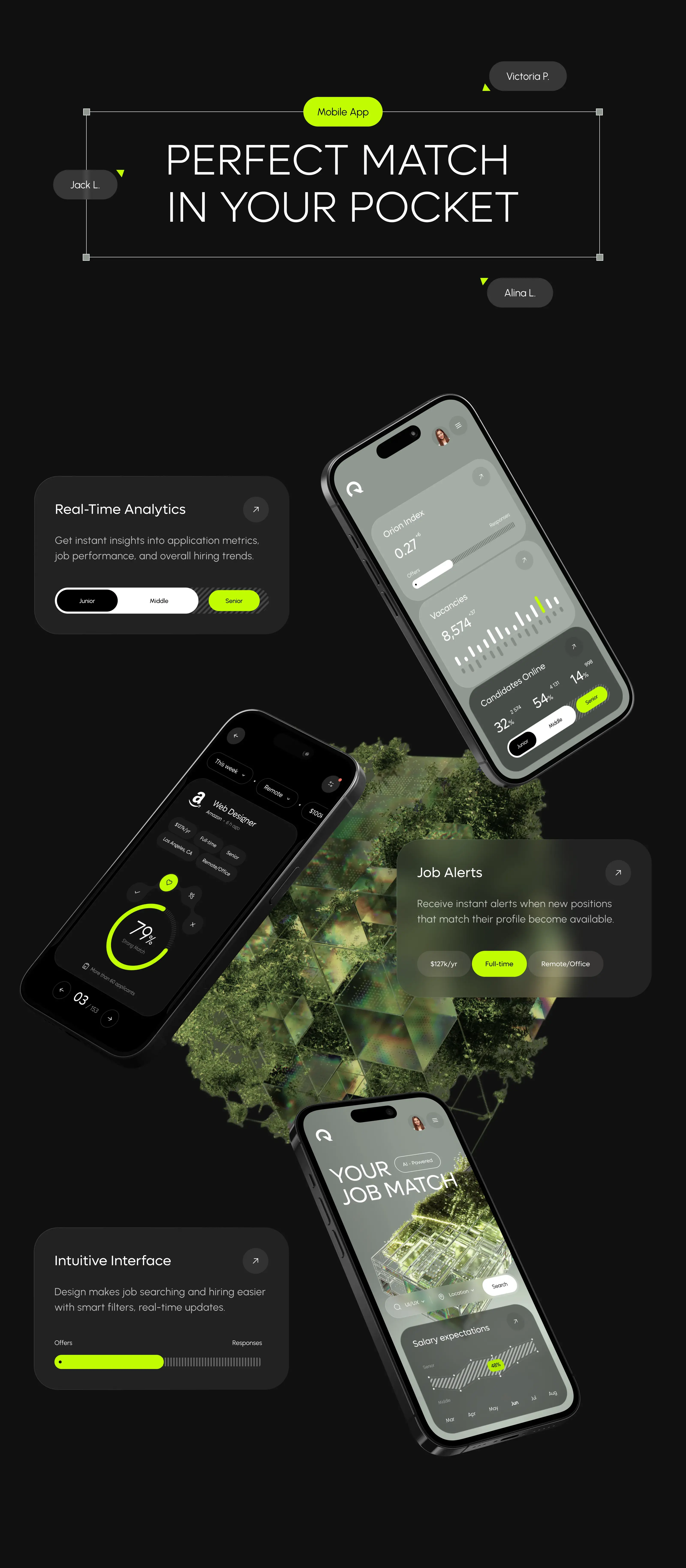 Screenshots showcasing the UI/UX design of the Orion job SaaS mobile app on iPhones.