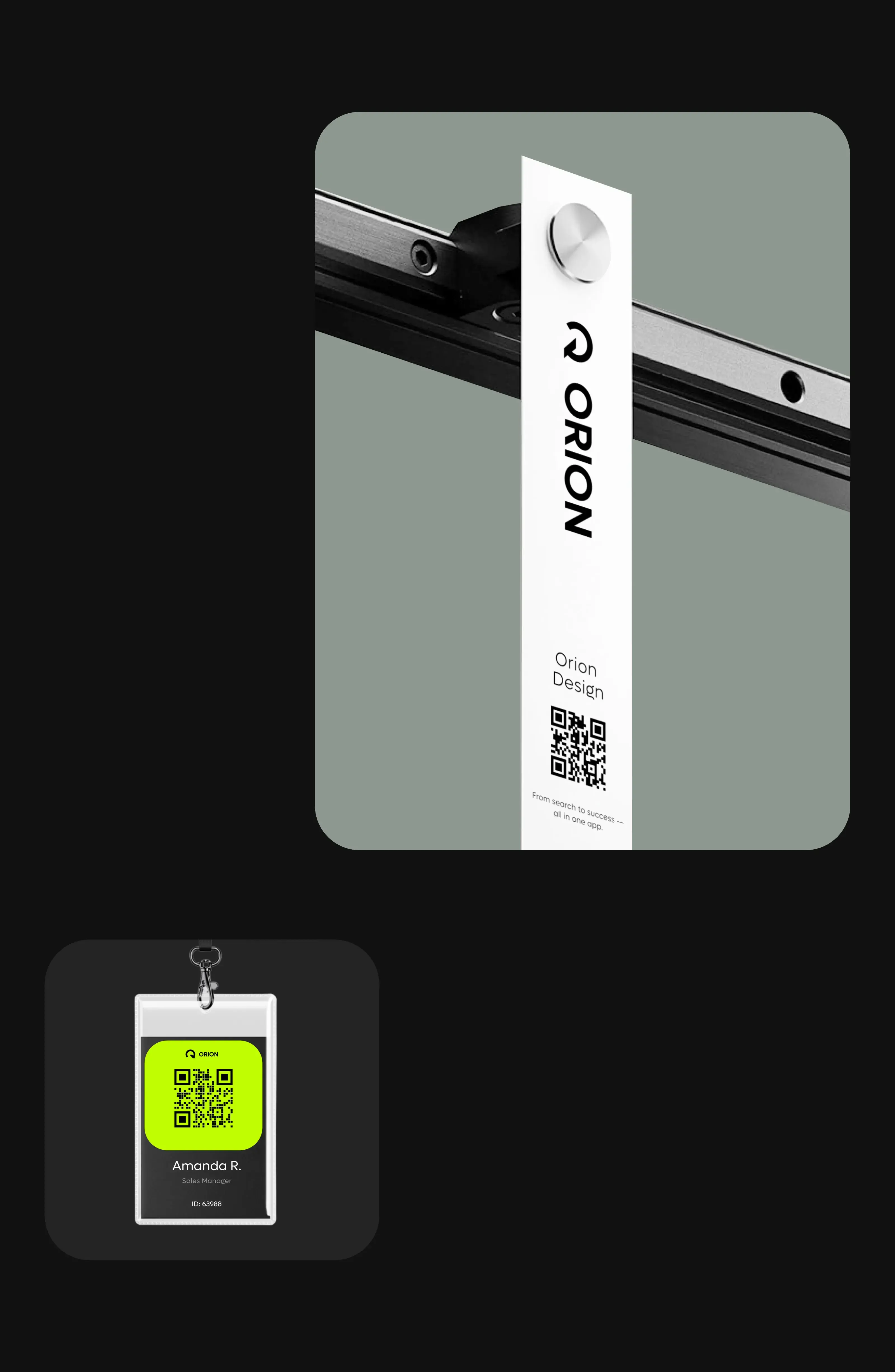 Graphic of Orion Design mobile app UI with the tagline "From search to success all in one app.".