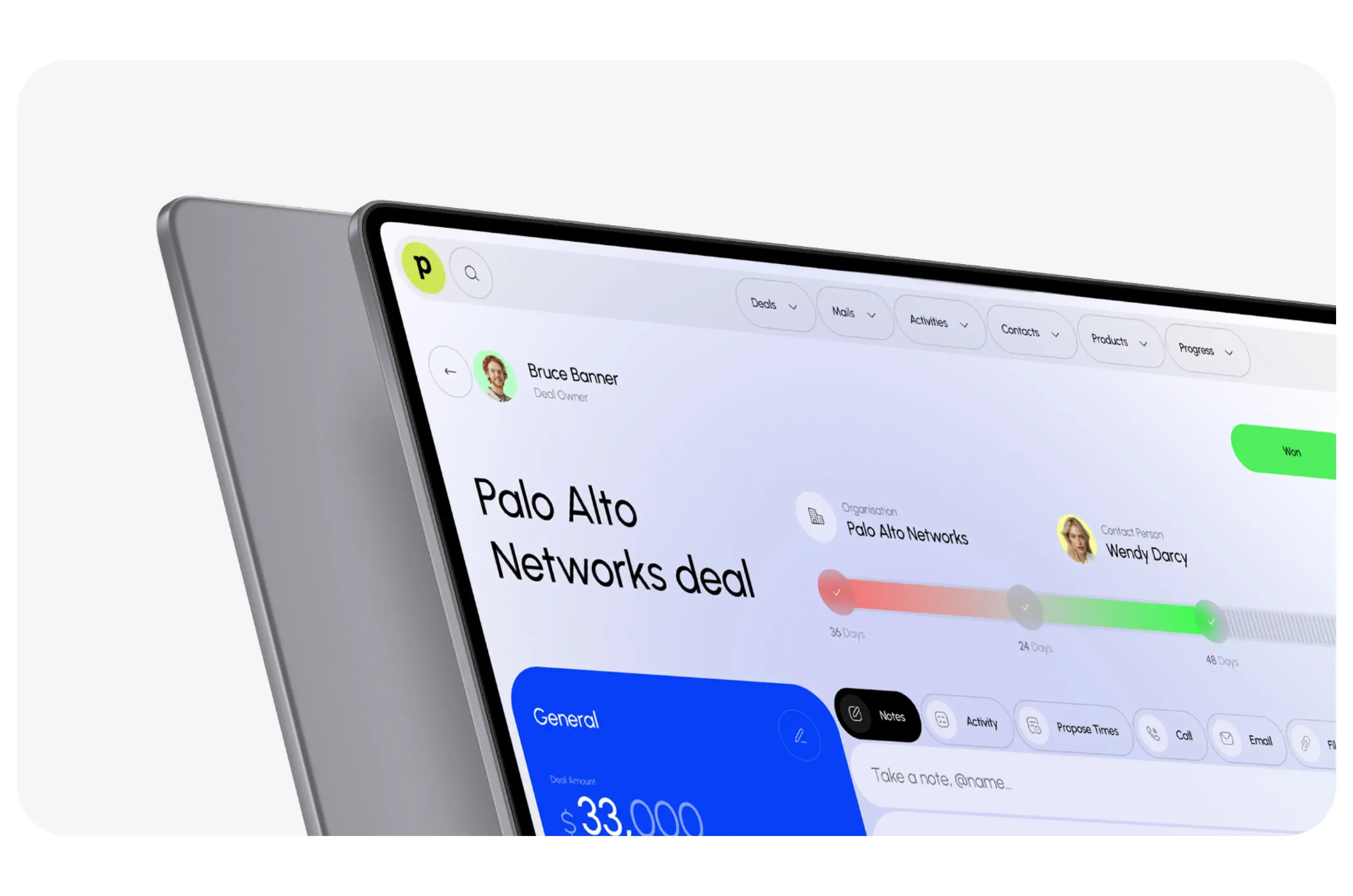 Screenshot of Pipedrive finance CRM UI on a tablet.