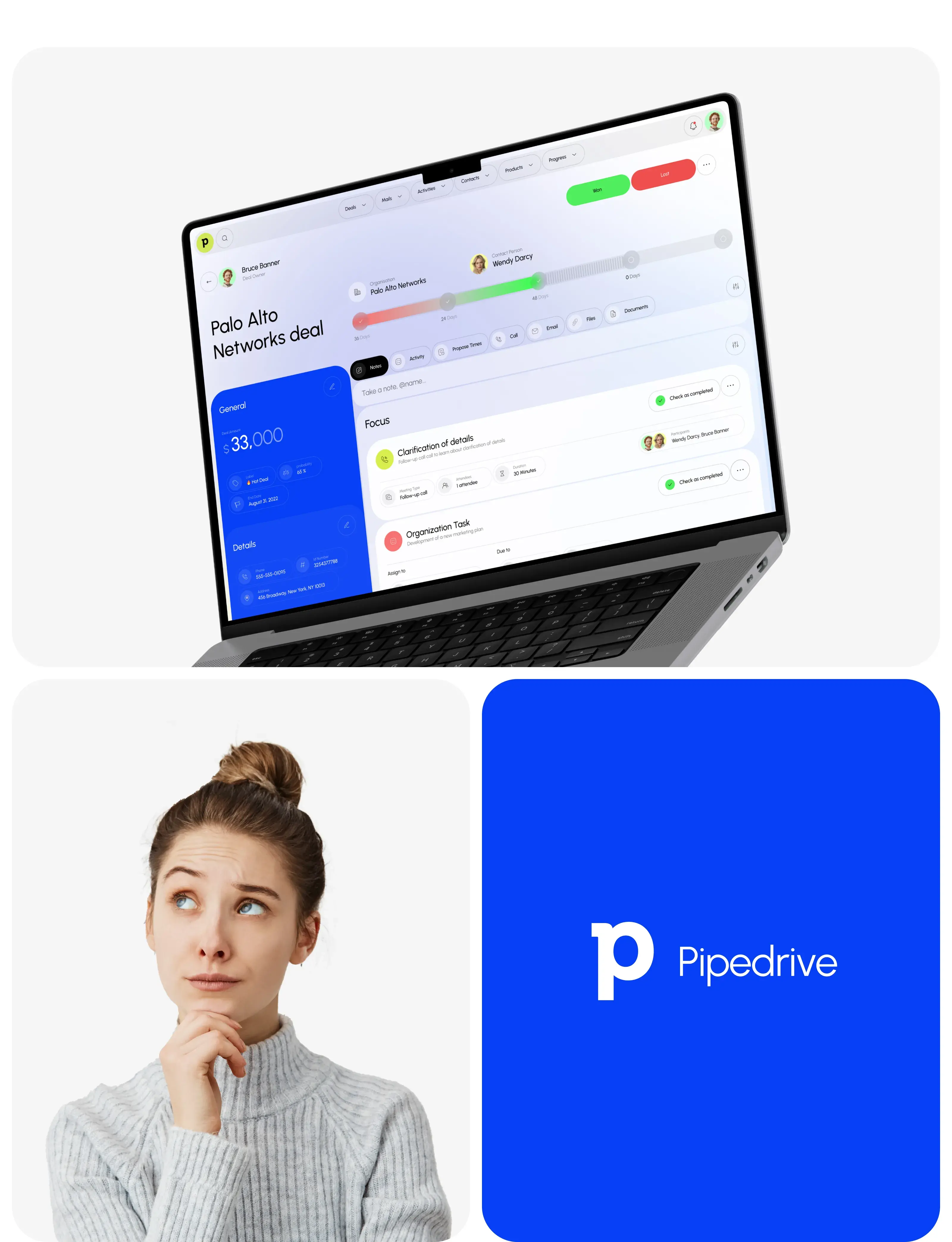 Two people reviewing finance CRM software UI/UX design on a laptop.