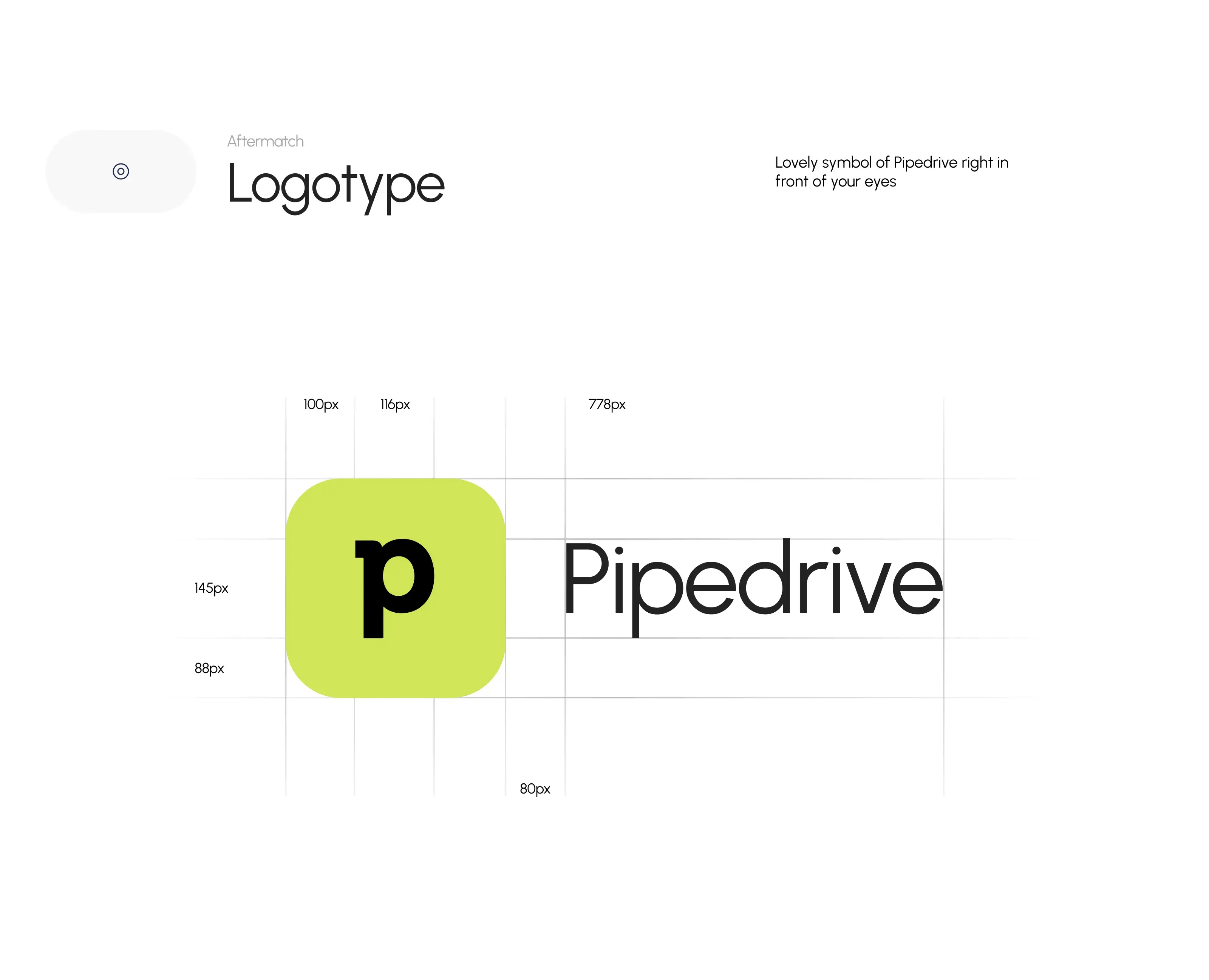 Pipedrive Finance CRM UI design screenshot showing layout measurements and logos.