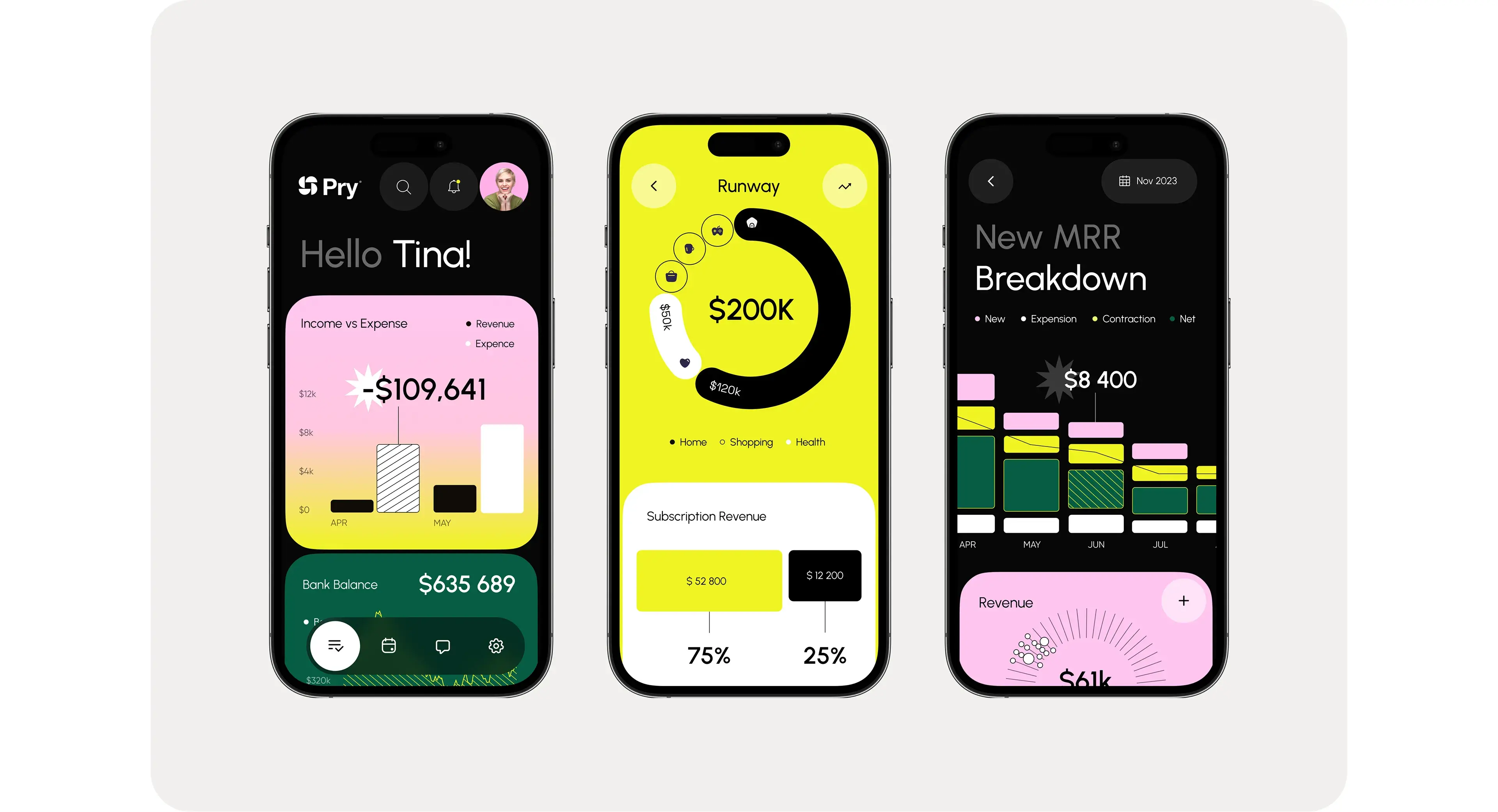 UI design screenshots of the Pry finance CRM mobile app on multiple devices.