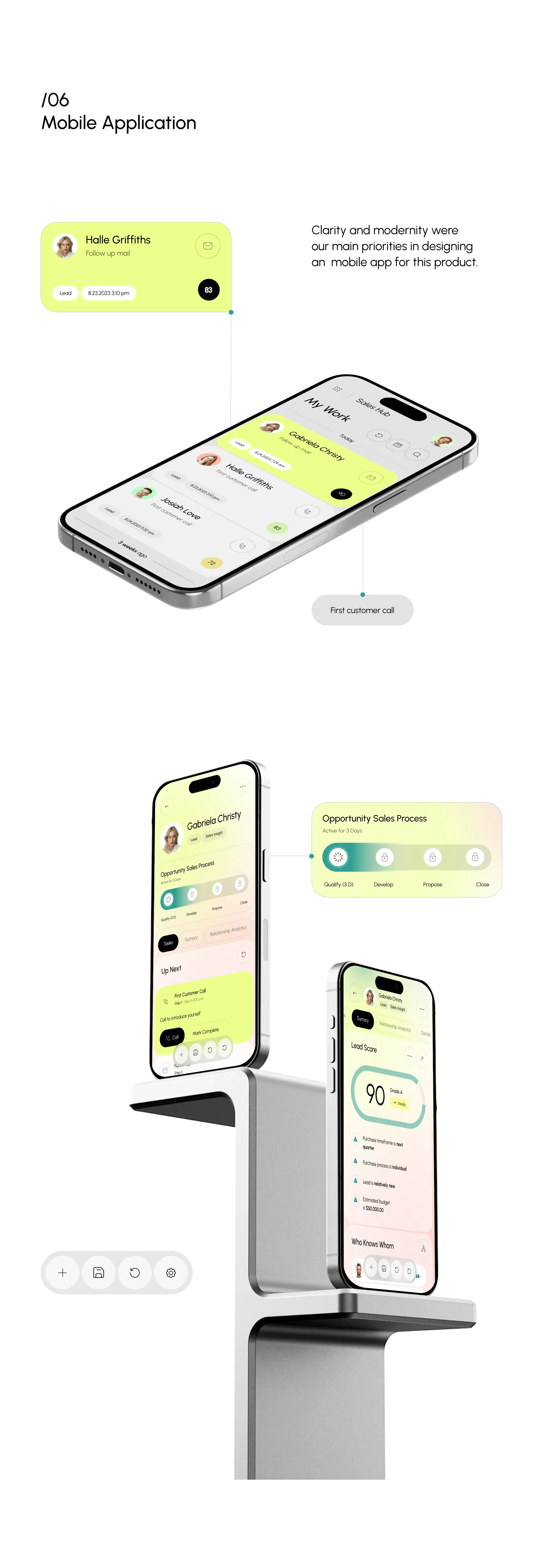 Diagram showing UI/UX design of mobile CRM app screens.